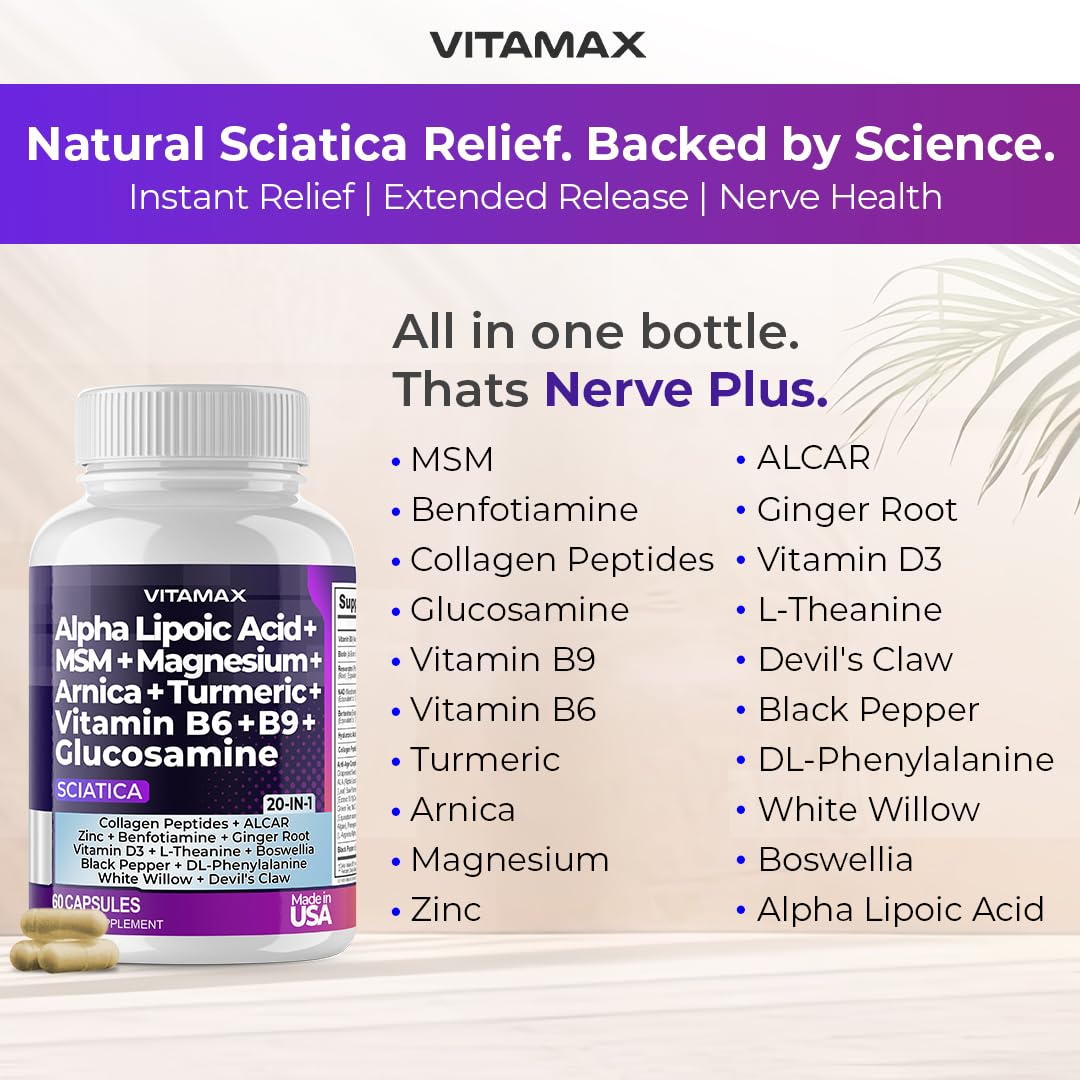 Sciatic Nerve Health Support - Sciatic Nerve Supplement Capsules with Folic Acid, Pea, Glucosamine, MSM, Vitamin B Complex, Alpha Lipoic Acid 300mg – 60ct – Made in USA VitamaxAu supplements