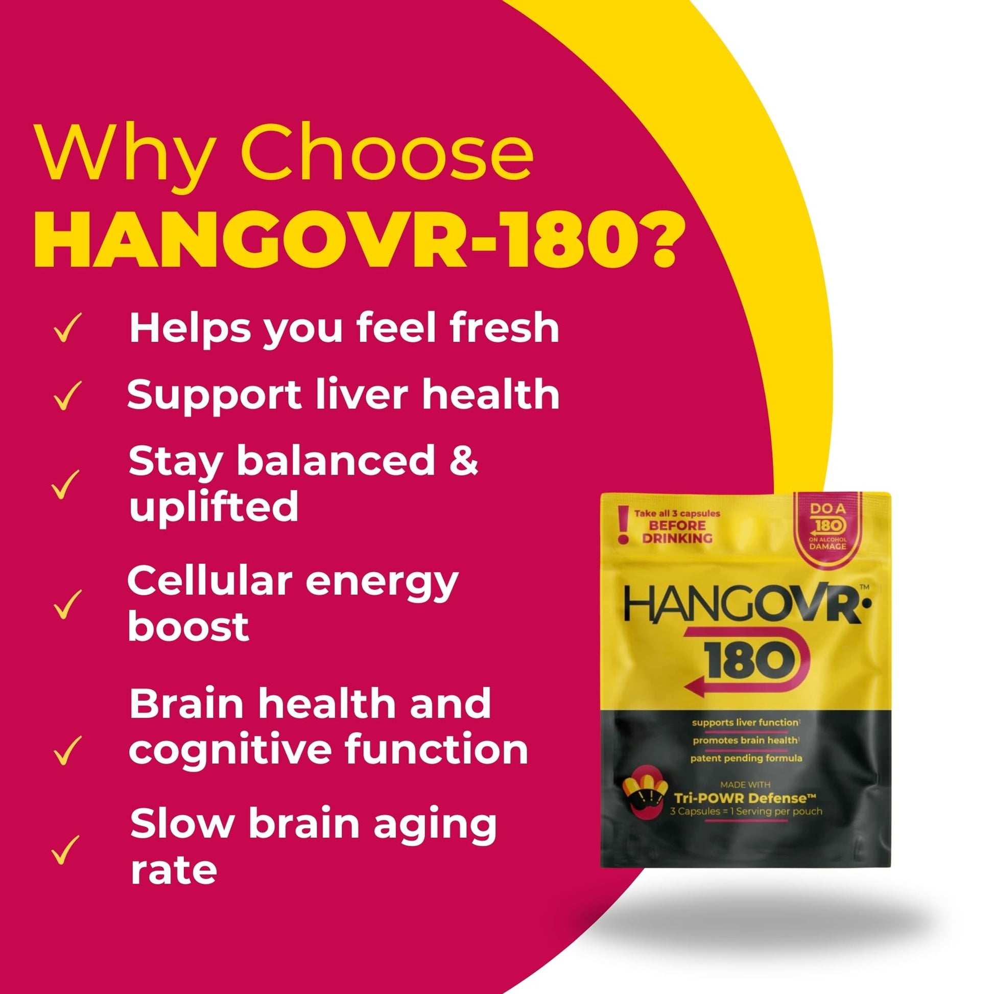 Hangovr 180 Tri-Power Before Drinking Defense 4 Pack - Support Liver & Brain Health, Feel Fresher & Better Energy - - Take Before Drinking for Relief, 3 Capsules per Pouch HANGOVR-180Au supplements