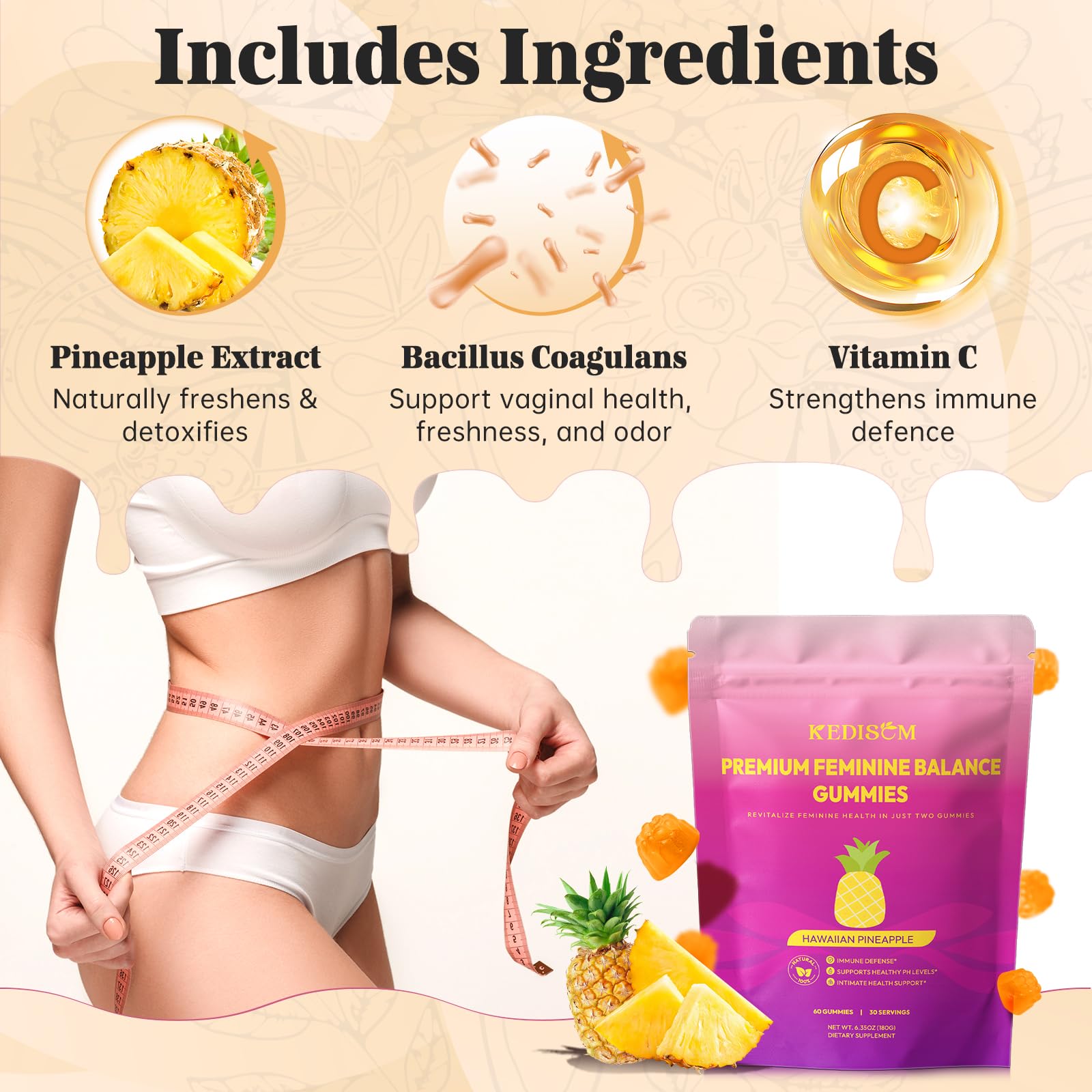 KEDISOM Premium Feminine Balance Gummies - for Women’s Health & Wellness - Immune Support - Vegan, Gluten-Free - Hawaiian Pineapple - 60 Gummies - 30 Servings KEDISOMAu supplements
