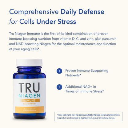 TRU NIAGEN Immune Support Supplement - Daily Defense - Vitamin C from Fermentation, Vegan Vitamin D3 2000 IU, Zinc, Plus Theracurmin (Curcumin) + Multi Award-Winning NAD Boosting Niagen 150mg 30ct TRU NIAGENUS supplements