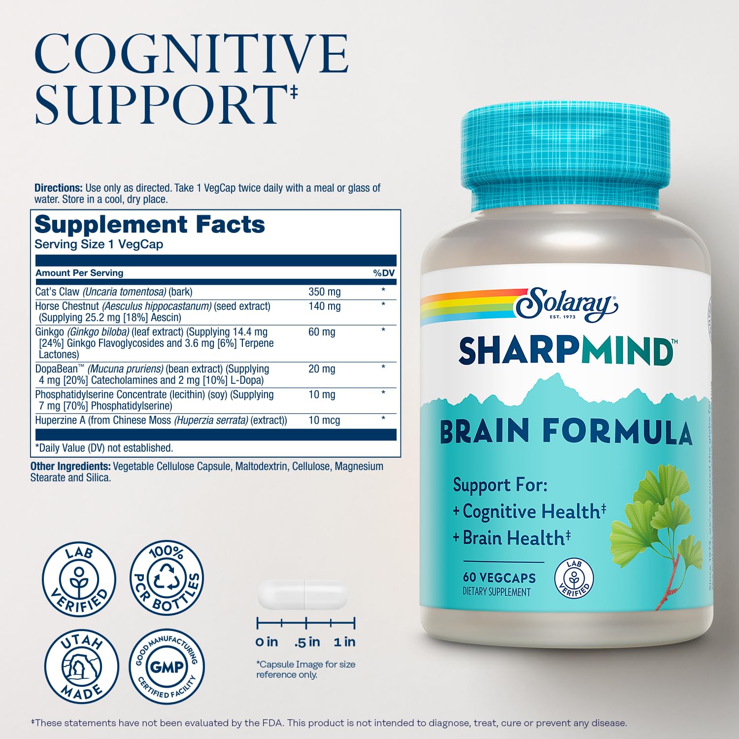 SOLARAY SharpMind Brain Support Formula - Nootropic Brain Supplements - Cognitive and Brain Health Support with Ginkgo Biloba - 60-Day Guarantee, 60 Servings, 60 VegCaps SOLARAYAu supplements