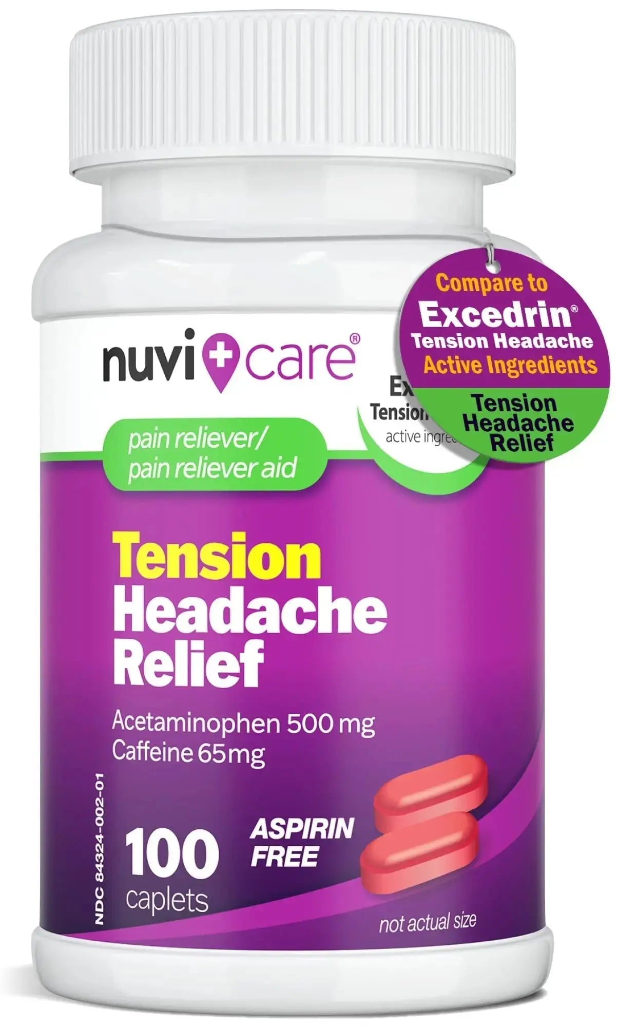 Nuvicare Tension Headache Relief Pills with 500mg Acetaminophen and 65mg Caffeine - Non Aspirin Pain Reliever Aid - Compare to Active Ingredient in Aspirin Free Excedrin Tension Headache (100 Caplets) NUVICAREAu supplements