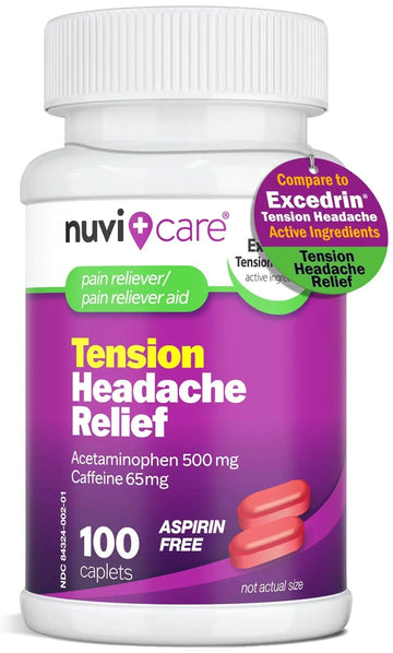 Nuvicare Tension Headache Relief Pills with 500mg Acetaminophen and 65mg Caffeine - Non Aspirin Pain Reliever Aid - Compare to Active Ingredient in Aspirin Free Excedrin Tension Headache (100 Caplets) NUVICAREAu supplements