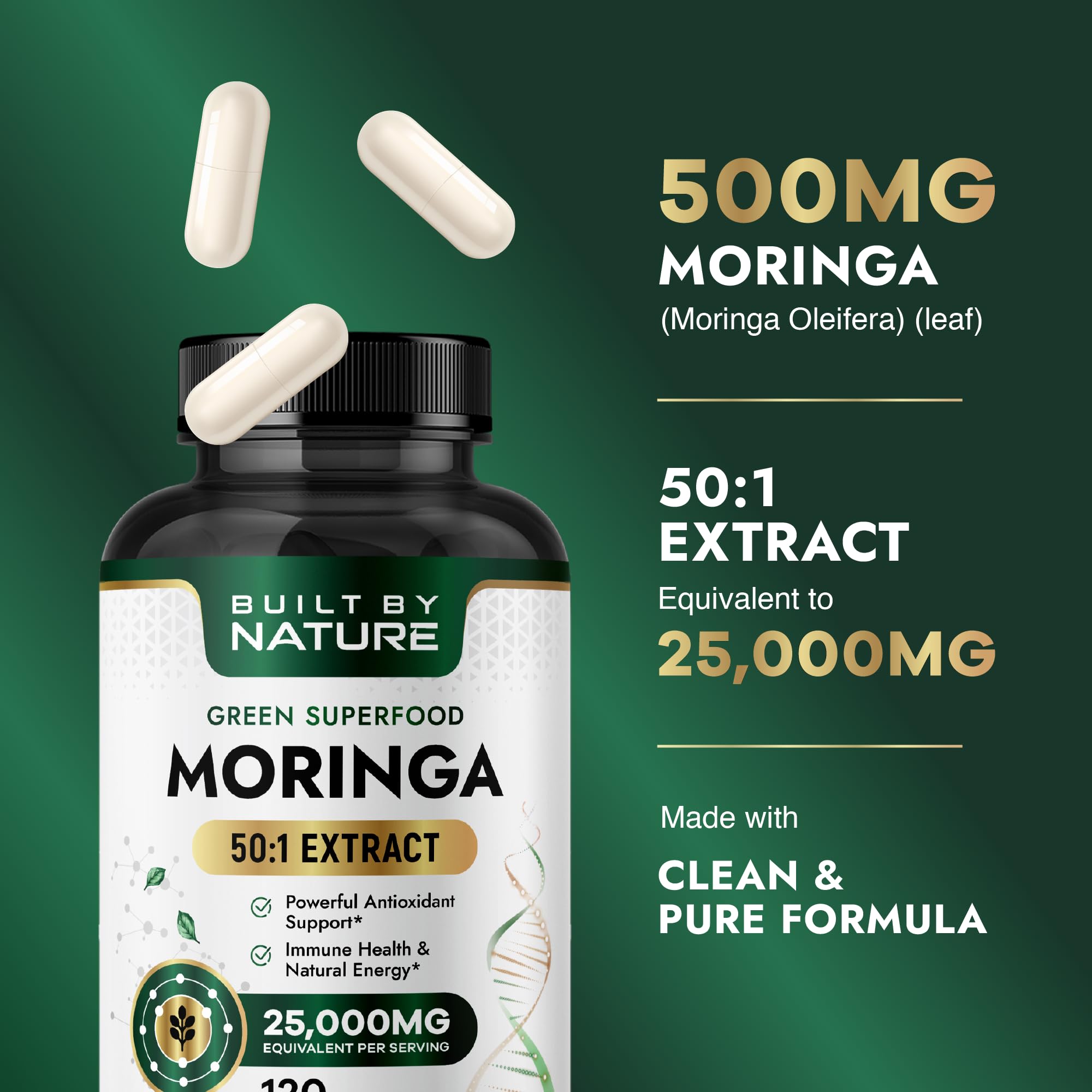 Built by Nature Moringa – 500mg Pure Moringa Leaf Extract 50:1 per Serving – High Potency Moringa Supplement – 120 Capsules Built by NatureAu supplements