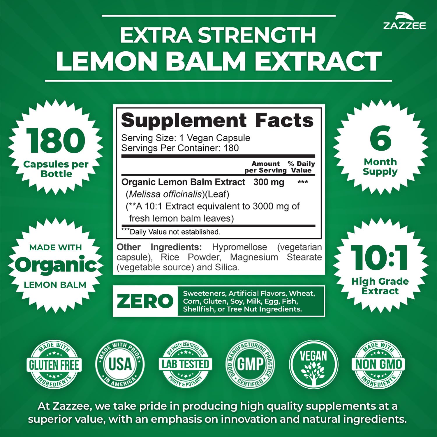 Zazzee Organic Lemon Balm 10:1 Extract, 180 Vegan Capsules, 6 Month Supply, Melissa Officinalis, Calm, Mood, Stress & Relaxation Support, Herbal Supplement, All-Natural, Non-GMO, Made in the USA ZazzeeAu supplements