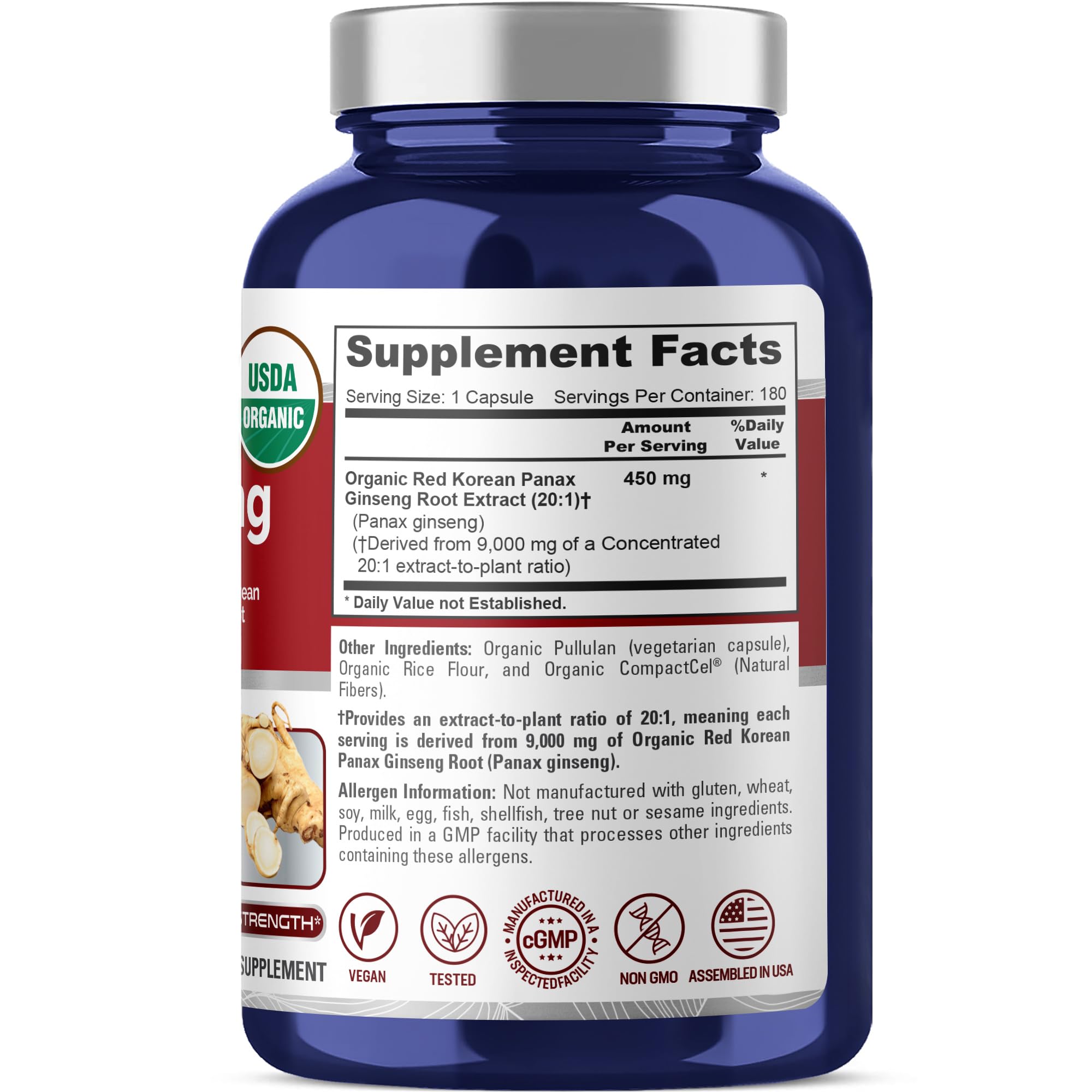 NusaPure Red Korean Panax Ginseng 20:1 Extract, 450 mg Equivalent to 9,000 mg 180 Veggie Caps (USDA Organic, Non-GMO, Vegan, Vegetarian, Bioperine) NusaPureAu supplements