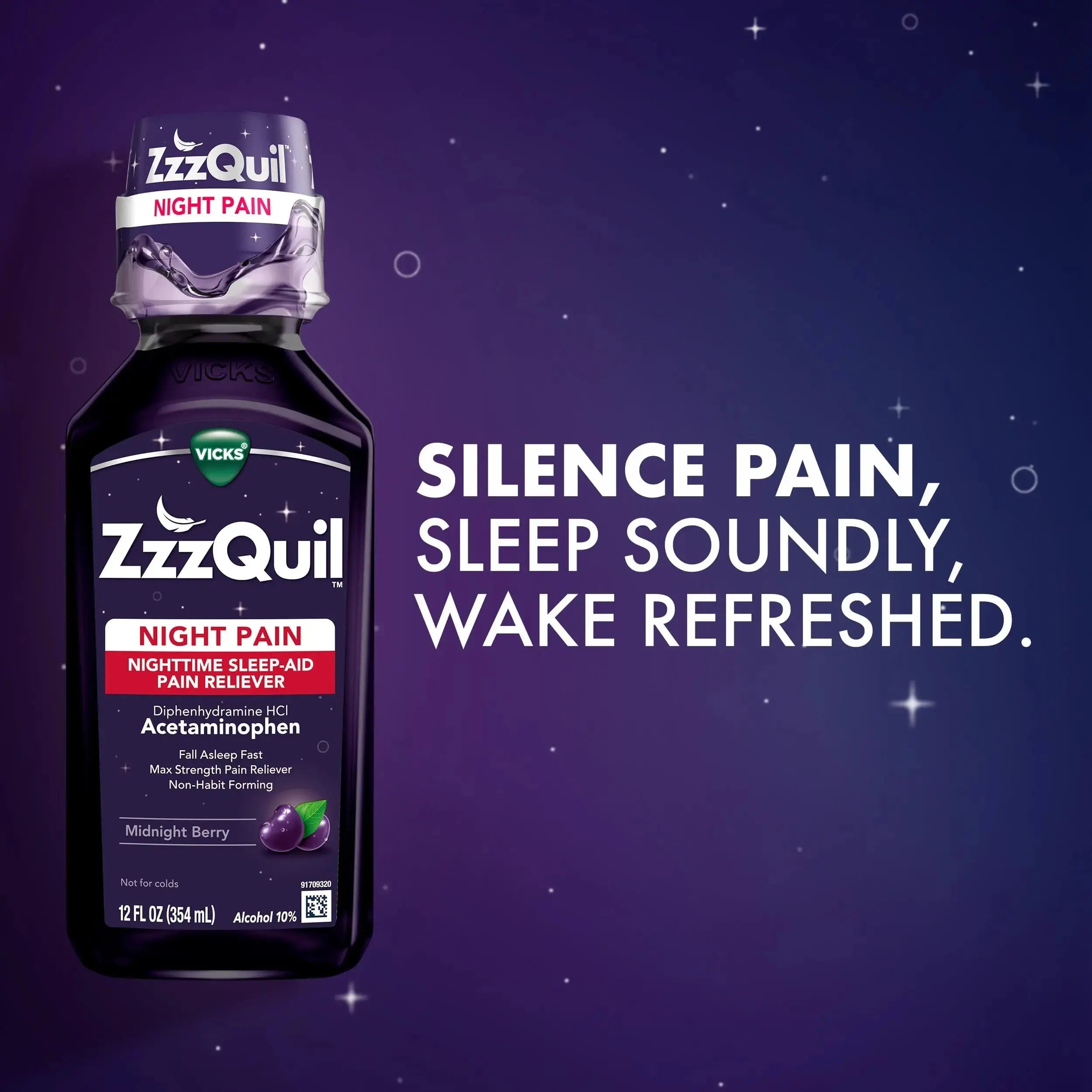 ZzzQuil Liquid, Max Strength Pain Reliever, Nighttime Sleep Aid Liquid, Acetaminophen 1000mg, Diphenhydramine 50mg HCI, Non-Habit Forming, Midnight Berry Flavored, 2 Pack, 24 FL OZ ZzzQuilAu supplements