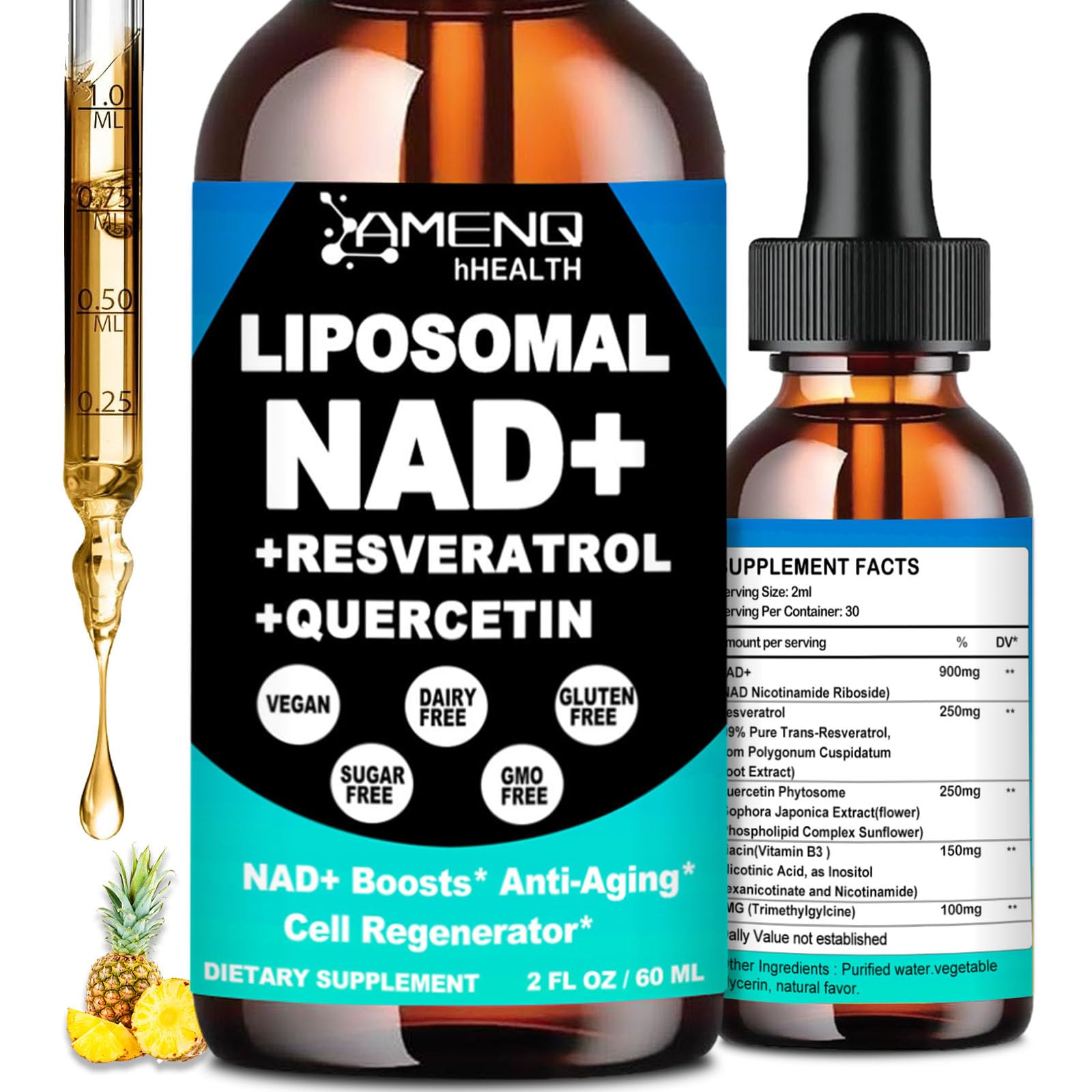 NAD Supplement, Liposomal NAD Nicotinamide Riboside Resveratrol 900mg Quercetion, TMG, Vitamin B3, High Potency NAD Plus Liquid Supplement for Cell Regenerator, Longevity, Energy, Anti-Aging, Focus AMENQ hHEALTHAu supplements