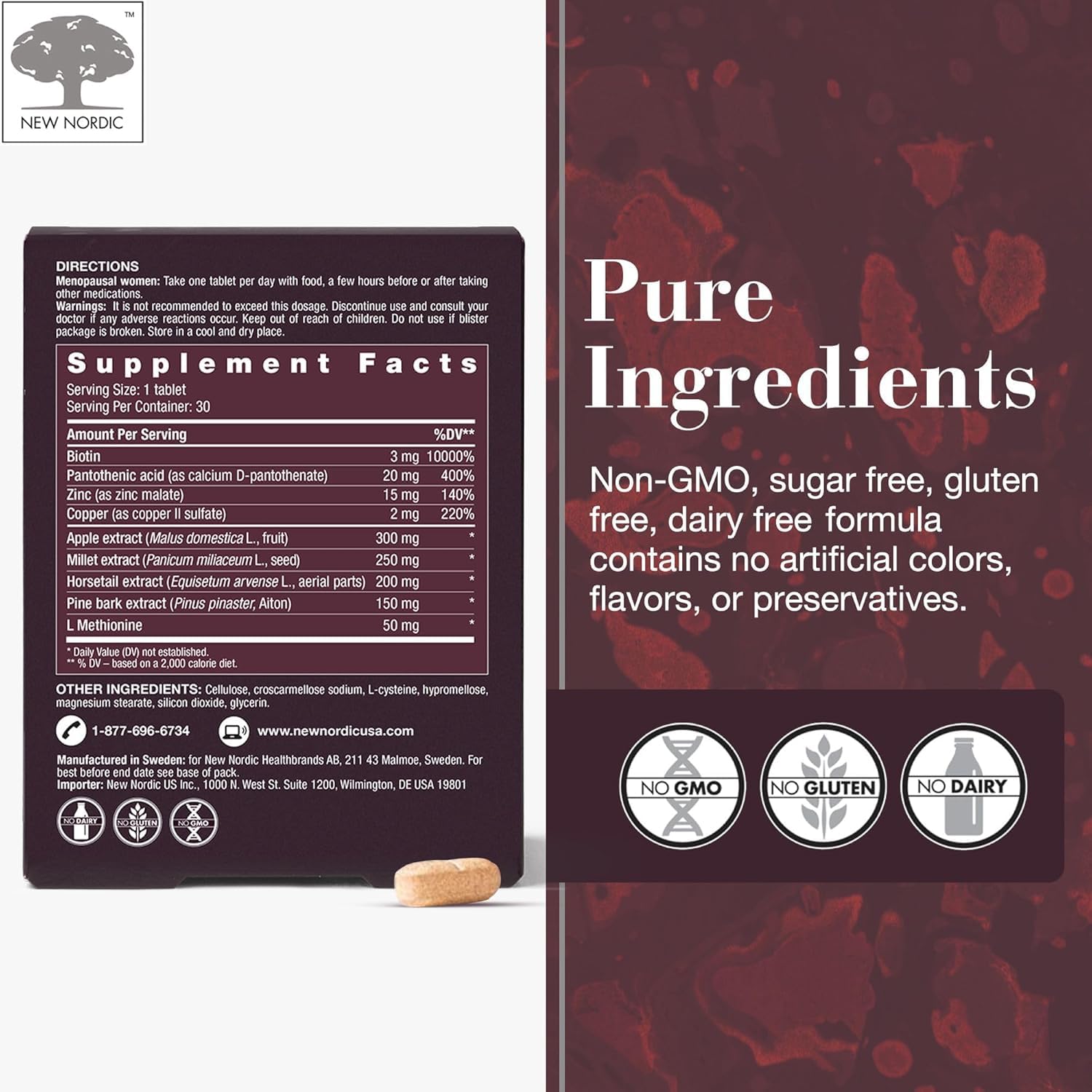 New Nordic Hair Volume Menopause, Supports Healthy Hair Growth During and After Menopause, Pine Bark and Annurca Apple Extract, 30 Tablets NEW NORDICAu supplements