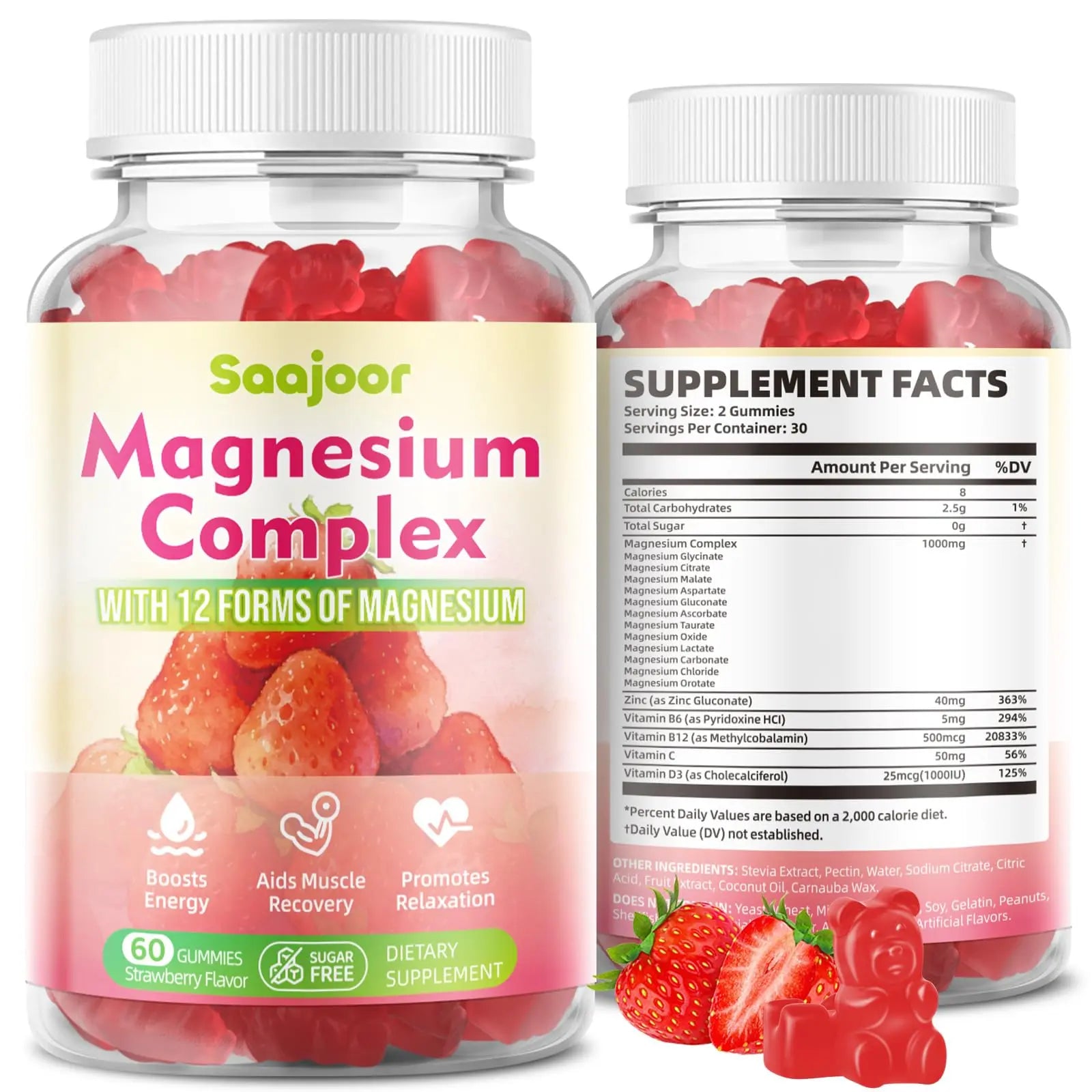 Magnesium Complex Gummies – with 12 Forms of Magnesium (Citrate, Glycinate, Malate, Oxide, and More) Plus Vitamins B6, B12, and C. for Women and Men – Strawberry Flavor, 60 Count SaajoorAu supplements