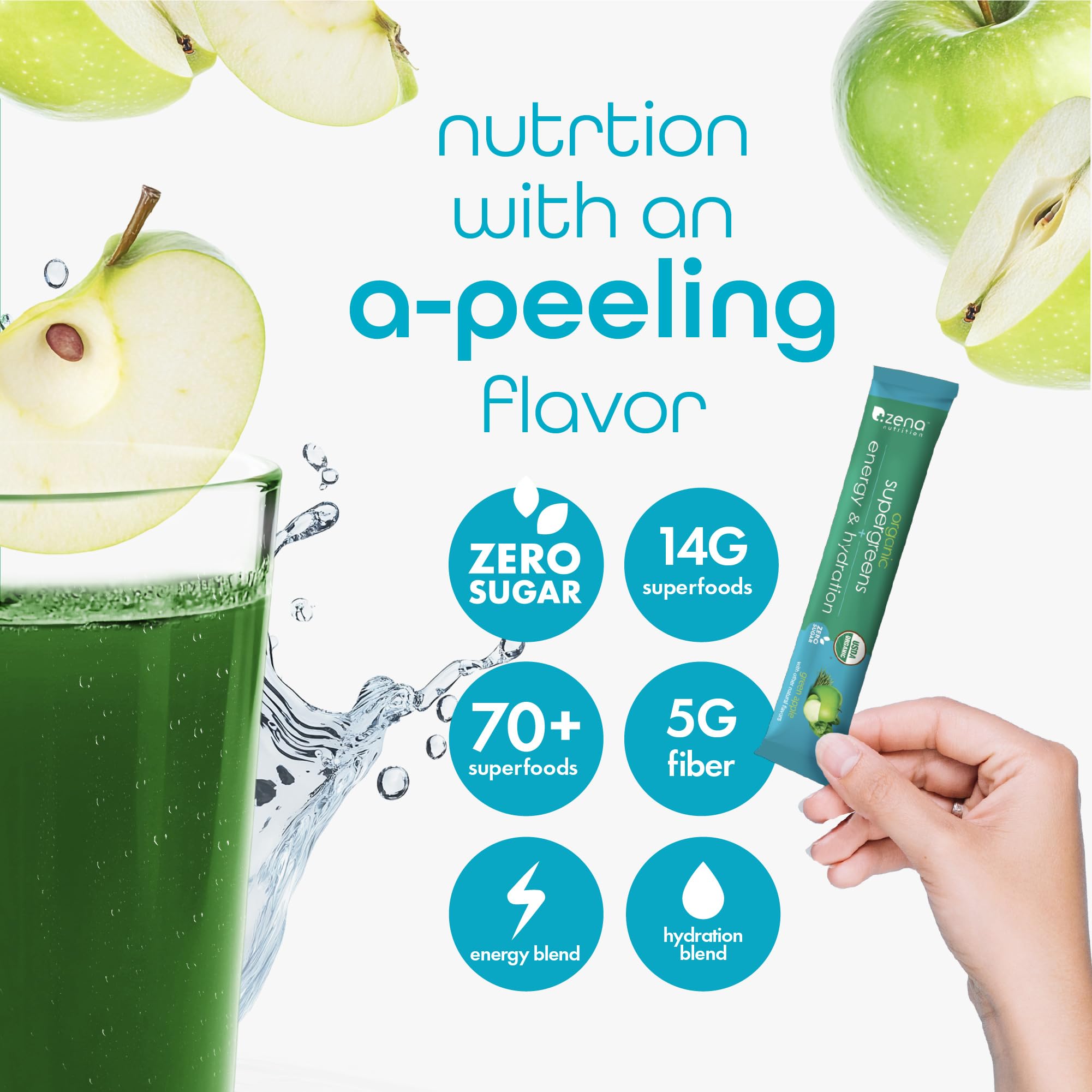Zena Nutrition Organic Super Greens Energy & Hydration Powder, 70+ Superfoods, 0 Sugar, 5G Fiber, Spirulina, Chlorella, Prebiotics/Probiotics, Natural Caffeine + Electrolytes, 40 Drink Mix Packets Zena NutritionAu supplements