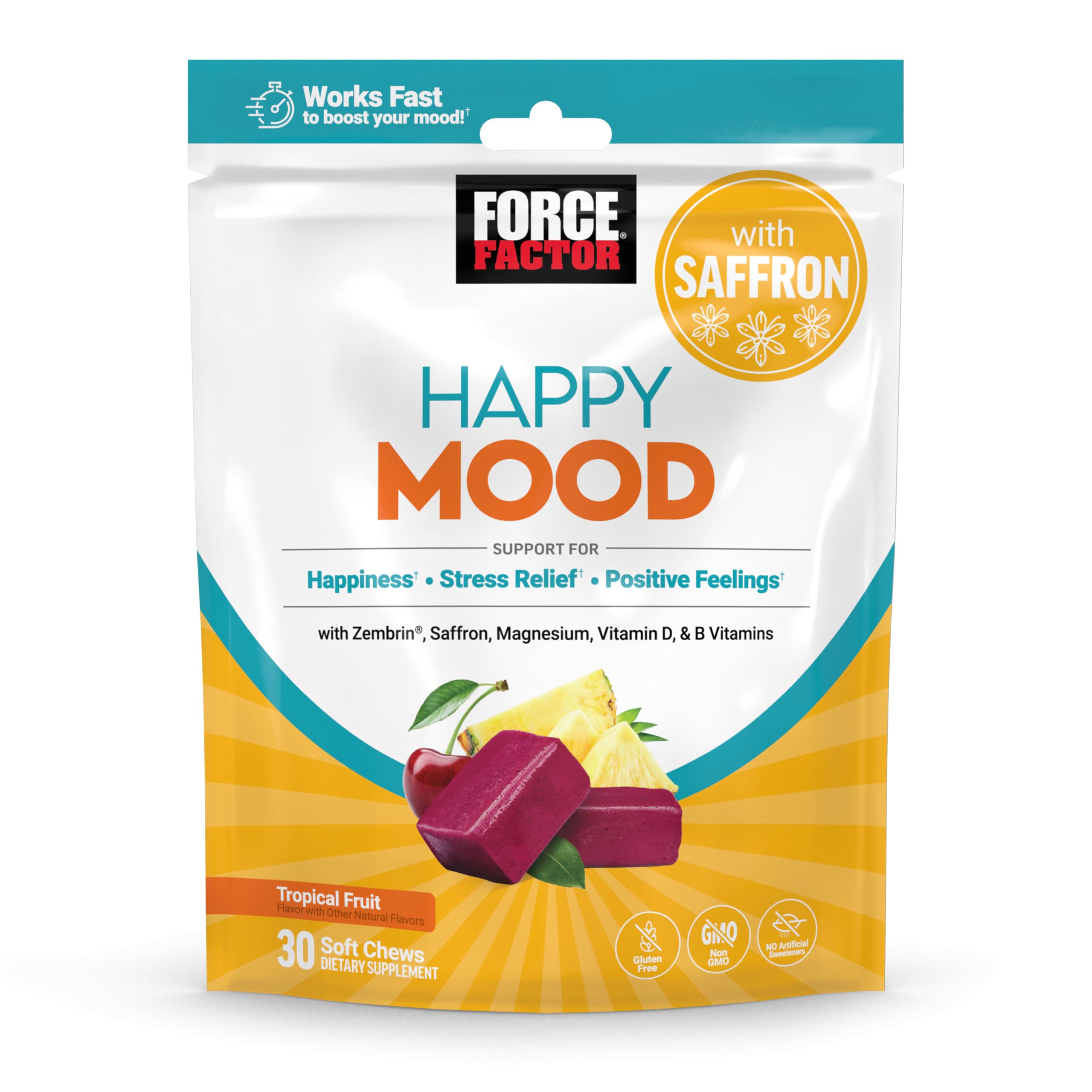 FORCE FACTOR Happy Mood, Mood Support and Mood Balance Supplement to Support Happiness, Positivity, and Stress, Made with Magnesium, Saffron, Zembrin, Non-GMO, Tropical Fruit Flavor, 30 Soft Chews Force FactorAu supplements