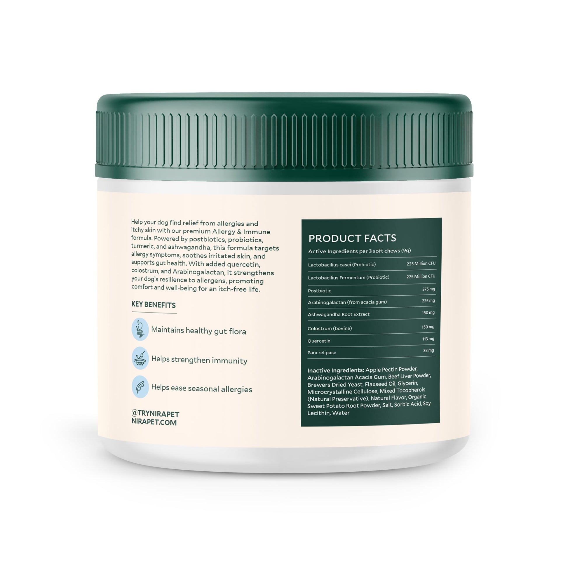 Nira Pet Probiotics for Dogs – 60 Beef-Flavored Chews with Postbiotics, Colostrum, Ashwagandha & Lactobacillus – Supports Gut Health, Immunity, Diarrhea, Gas & Stress Nira PetAu supplements