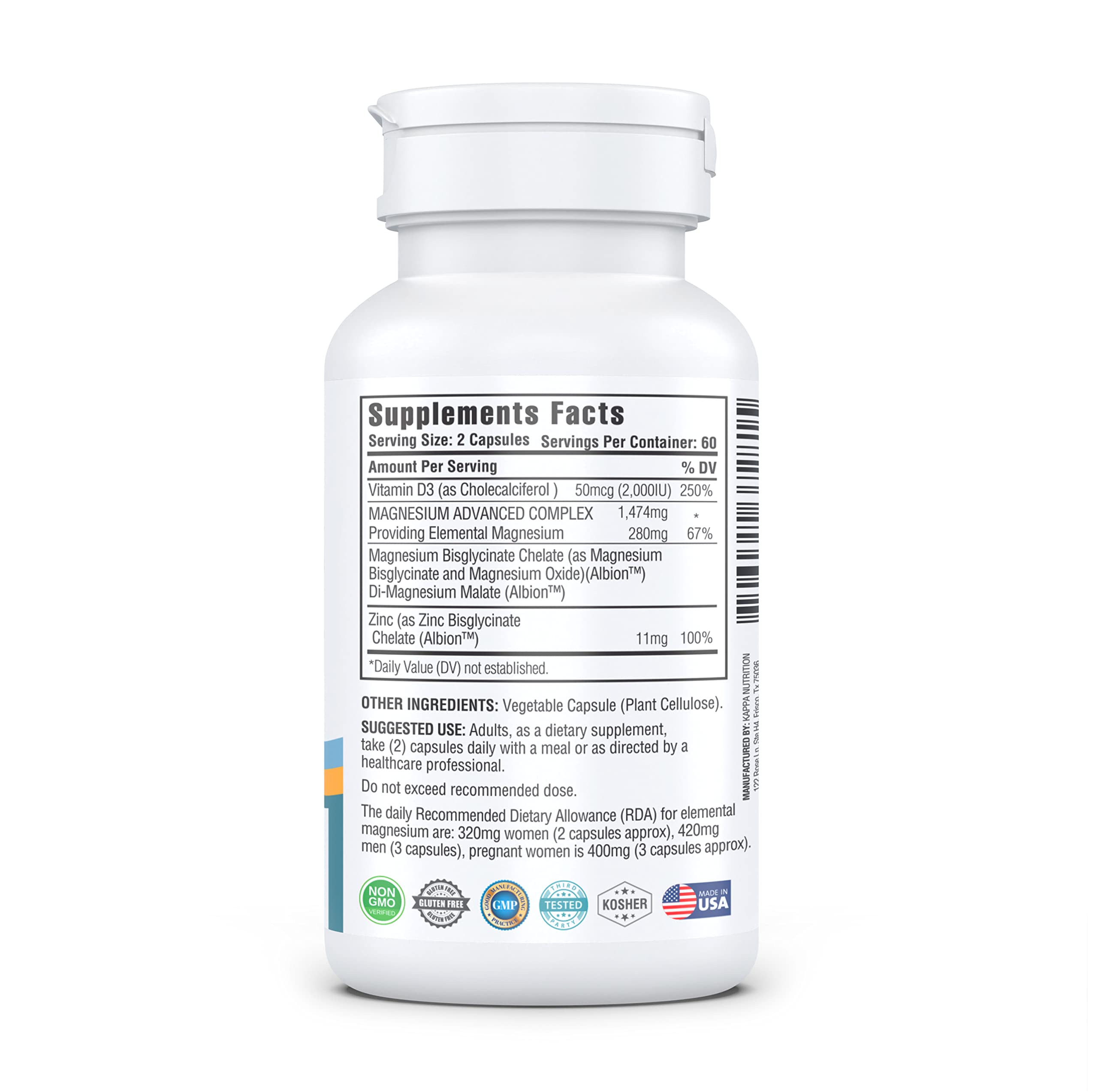 Kappa Nutrition Magnesium 4-in-1, 280mg Elemental Magnesium (Bisglycinate, Malate) + Zinc & Vitamin D3, Brain, Sleep, Energy, Muscle, Immune Support, 120 Vegan Capsules. KAPPA NUTRITIONAu supplements