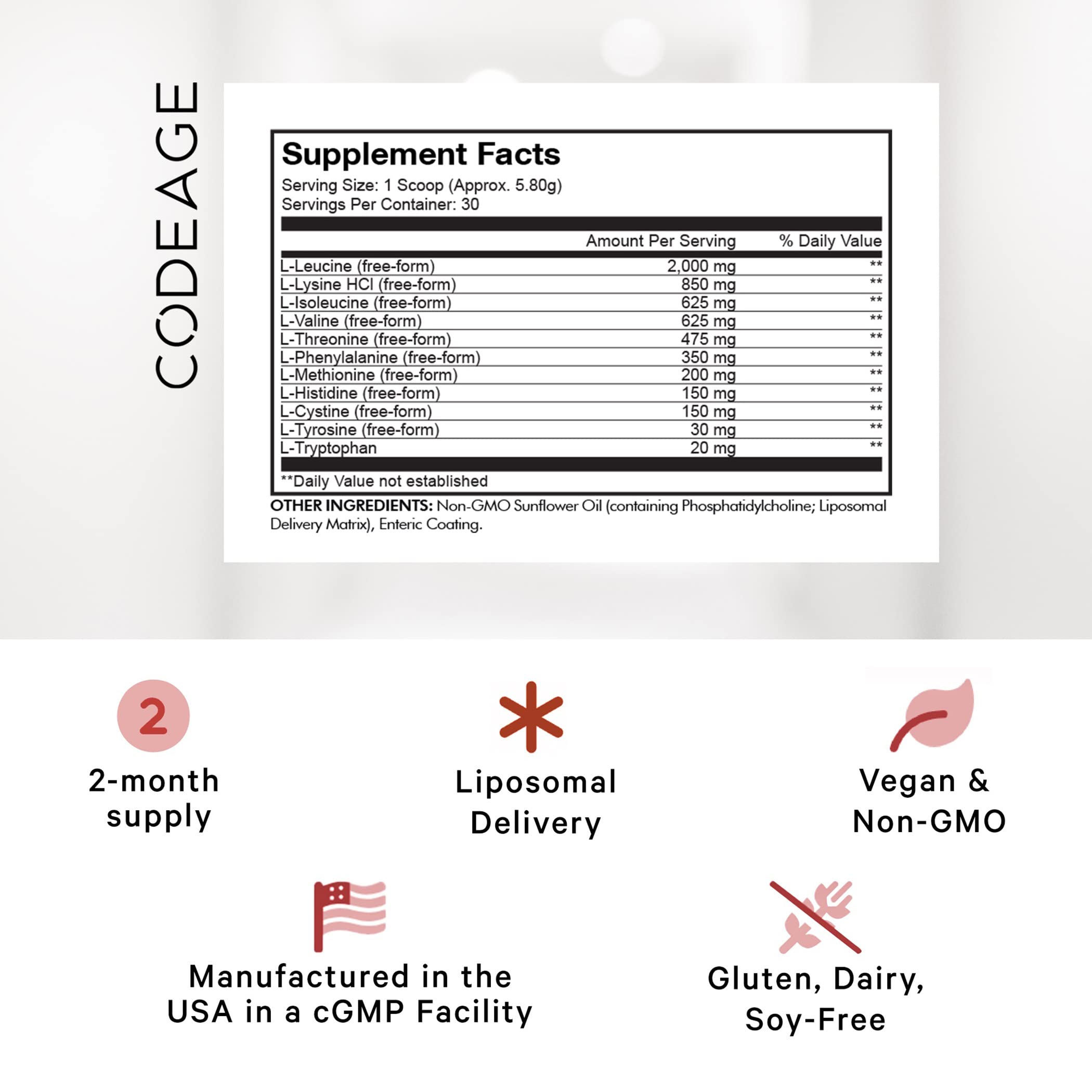 Codeage Liposomal Multi Amino Powder Supplement - BCAA & EAA Supplement All 9 Essential Amino Acids, Branched-Chain Amino Acid, Pre & Post Workout, Unflavored, Liposomal Delivery, Non-GMO, 6.15 oz CodeageAu supplements