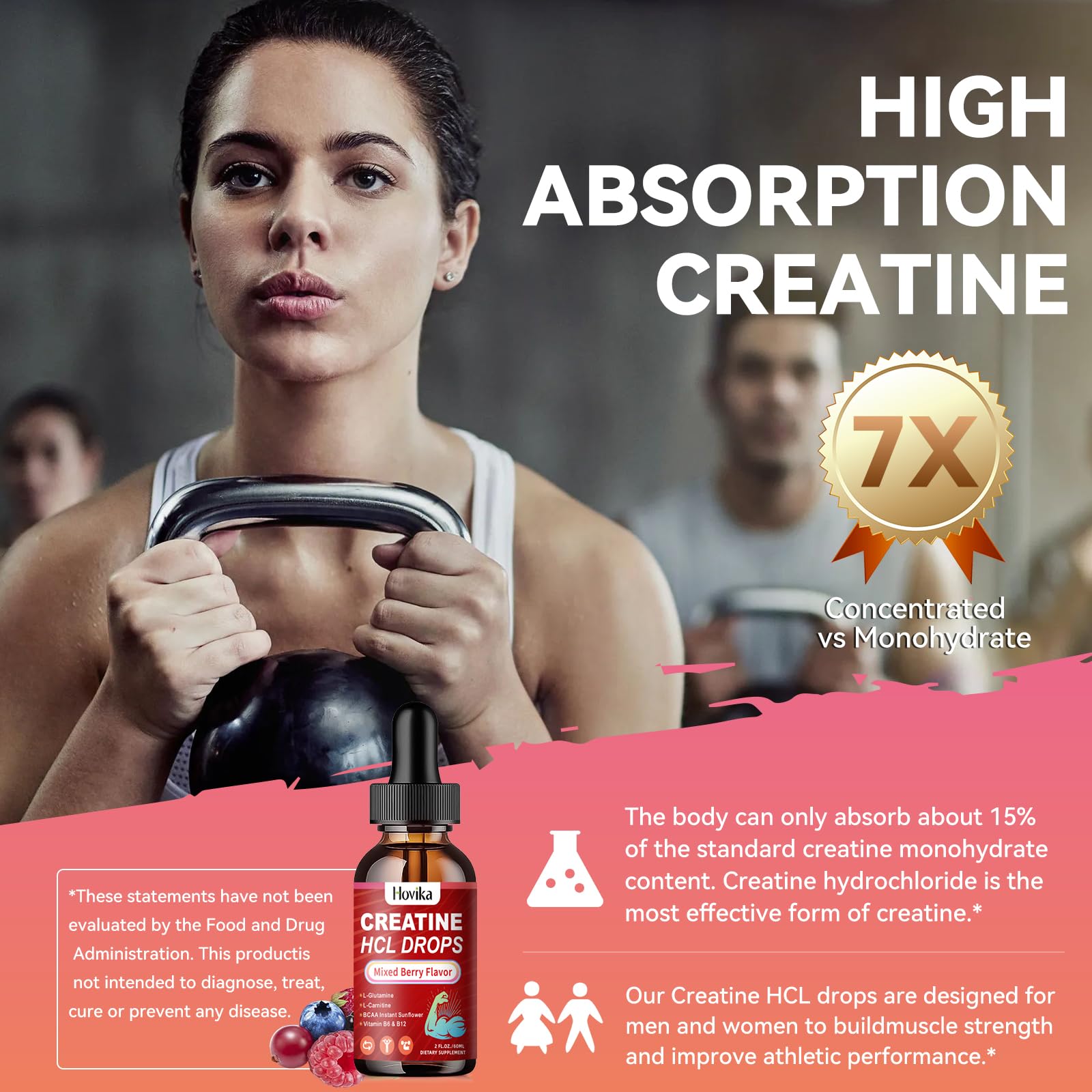Creatine HCL Liquid Drops for Men & Women, Creatine Hydrochloride with L-Carnitine, L-Glutamine, BCAA, Vitamin B12 & B6 for Muscle Growth & Recovery-Vegan, Mixed Berry Flavor Flavor, 2 Fl Oz HovikaAu supplements
