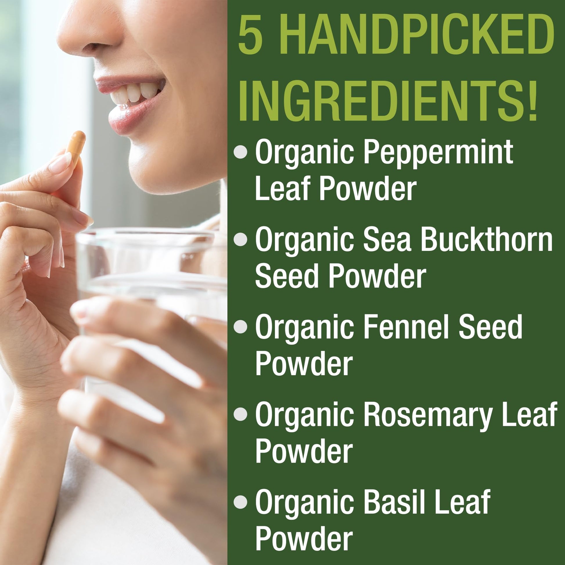 USDA Organic IBS Capsules for Relief, Ingestion, Bloating, Gas. Irritable Bowel Supplement with 5 Handpicked Organic Ingredients. Peppermint Oil, Sea Buckthorn, Fennel Seed, Rosemary Leaf, Basil Leaf Peak PerformanceAu supplements
