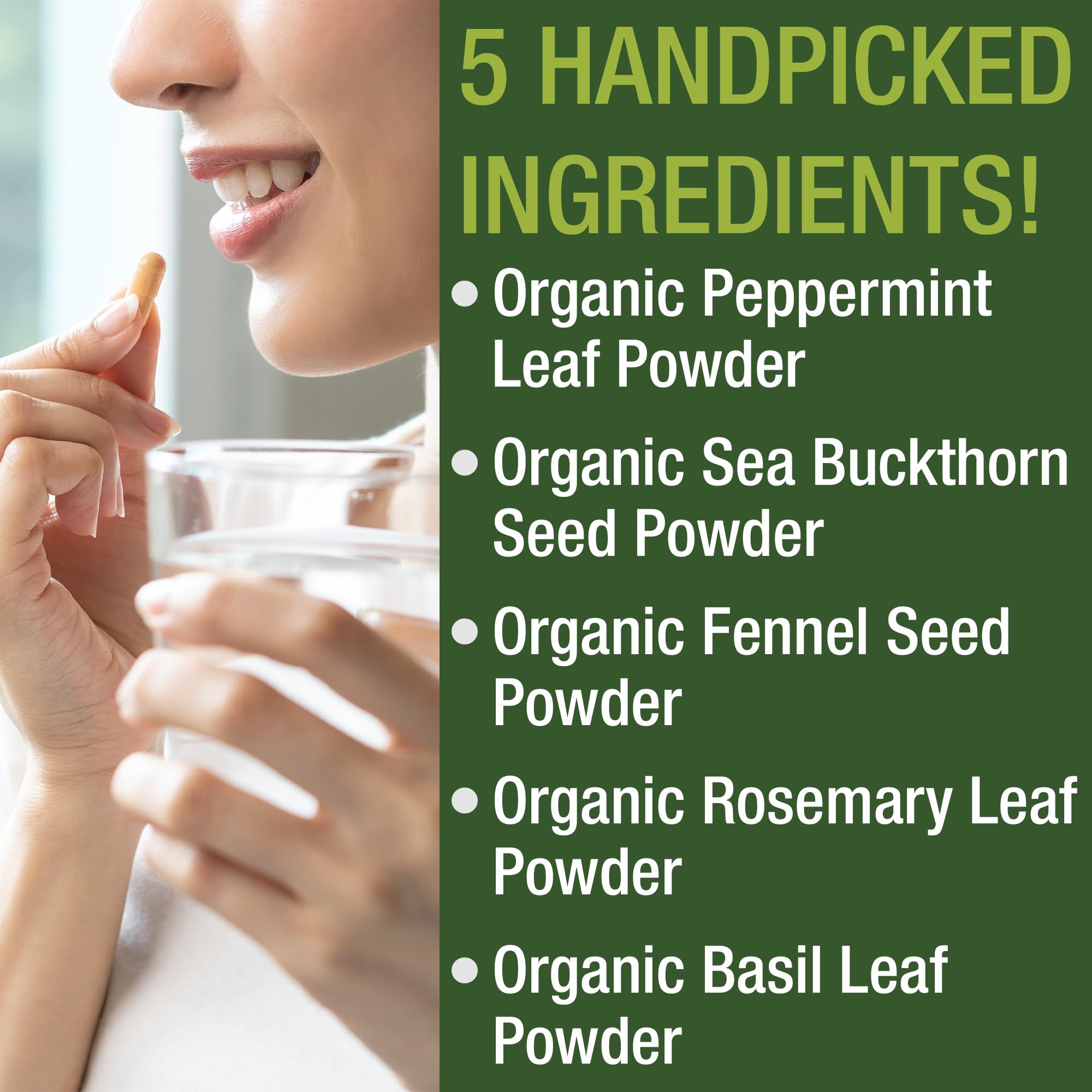 USDA Organic IBS Capsules for Relief, Ingestion, Bloating, Gas. Irritable Bowel Supplement with 5 Handpicked Organic Ingredients. Peppermint Oil, Sea Buckthorn, Fennel Seed, Rosemary Leaf, Basil Leaf Peak PerformanceAu supplements