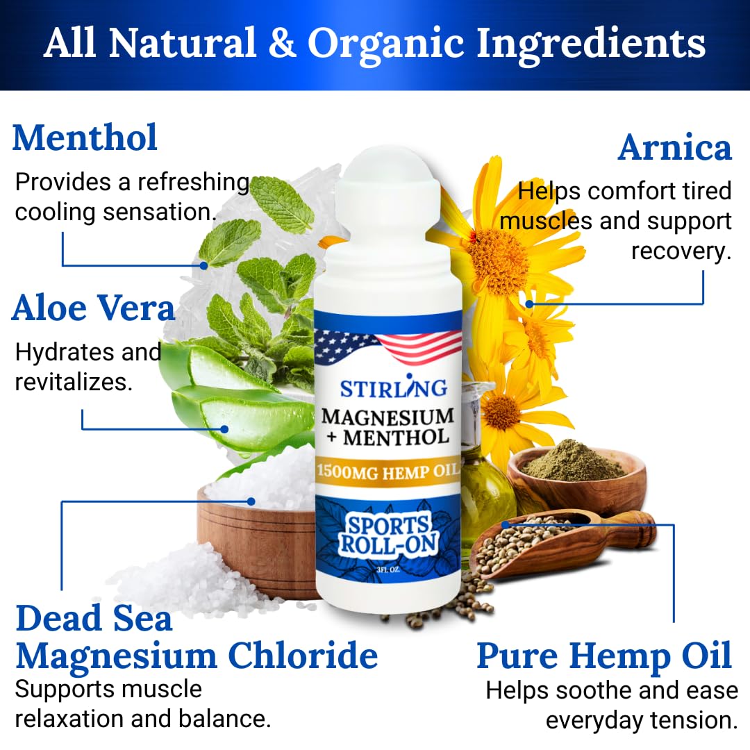 Stirling Menthol Roll On Lotion with Magnesium and 1500mg Pure Hemp - Non-GMO, THC-Free - Fast-Acting Relief for Sore Muscles and Joints, Reduces Swelling and Redness, Promotes Post-Workout Recovery STIRLINGAu supplements