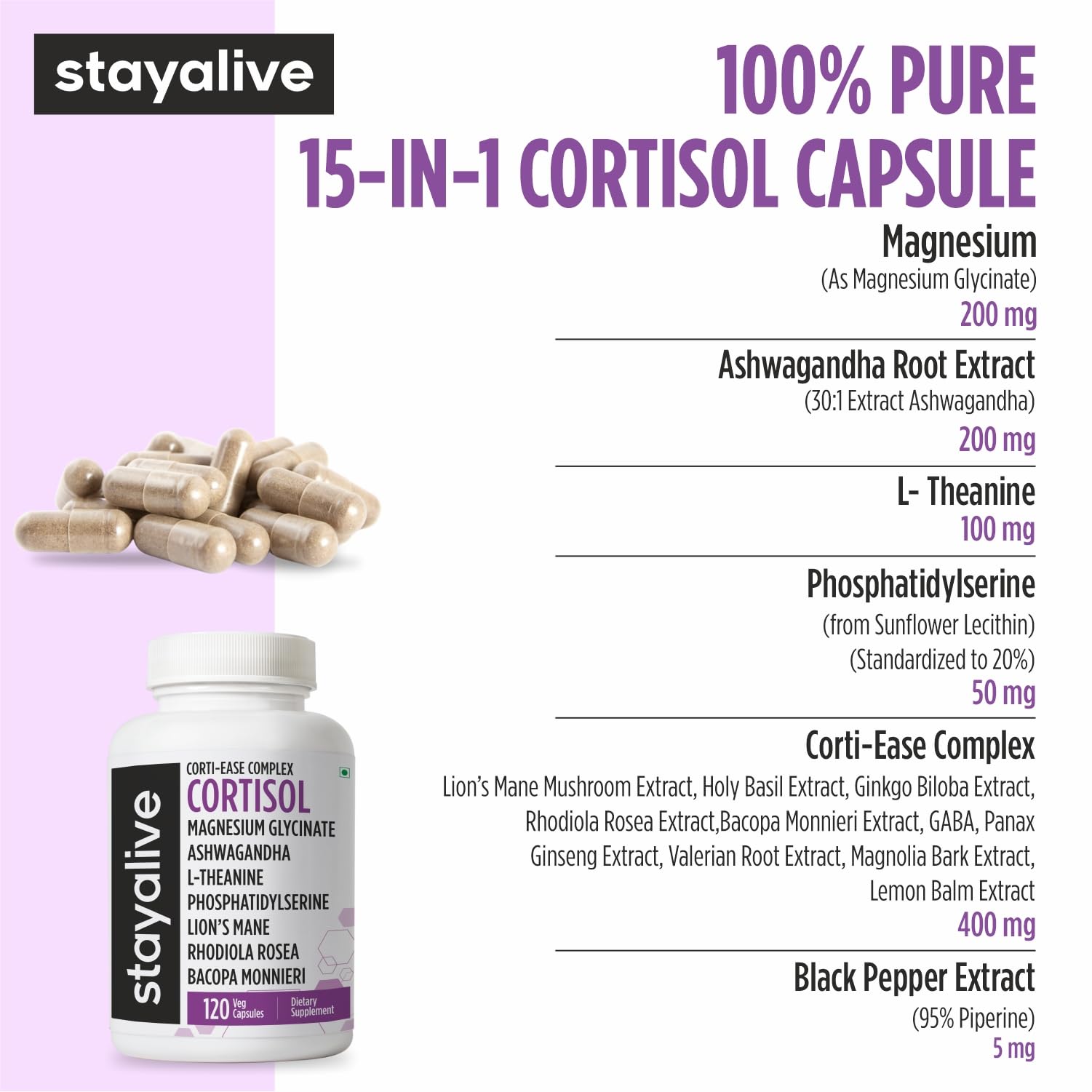 STAY ALIVE Cortisol Manager Supplement 15-in-1 Complex w/L-Theanine, Ashwagandha, Magnesium Glycinate, Phosphatidylserine and More, 120 Veg Capsules, Non-GMO & Gluten-Free Formula for Women and Men STAY ALIVEAu supplements
