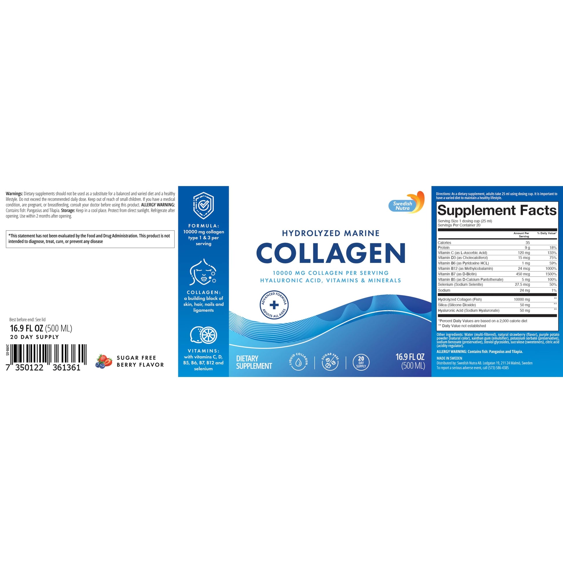 Swedish Nutra 10,000 mg Hydrolyzed Marine Collagen Liquid Supplement - 500 ml, 20 Day Supply | Hyaluronic Acid, Biotin & Vitamin C for Healthy Hair, Skin, Nails & Joints | For Men & Women | Sugar-Free Swedish NutraAu supplements