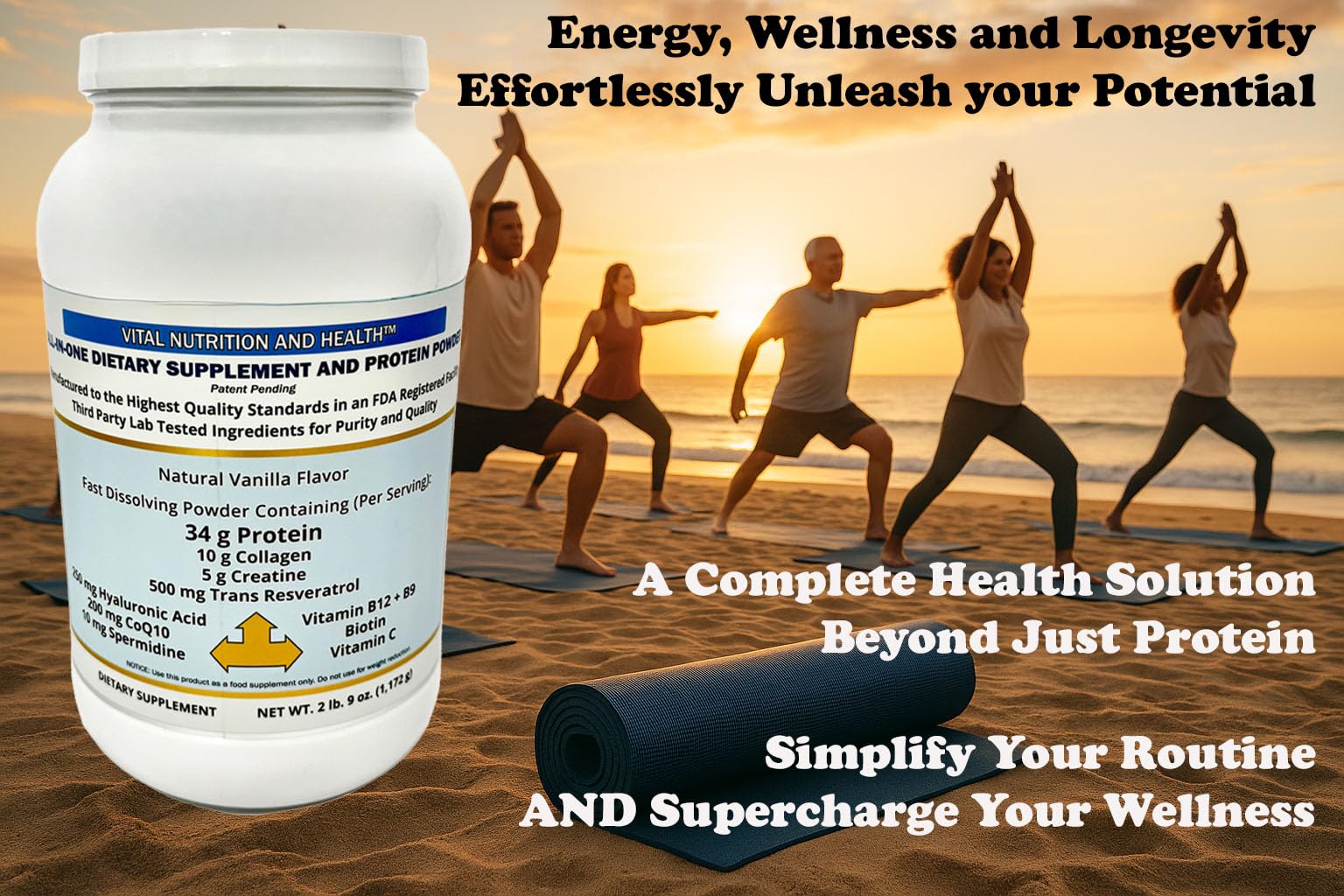 Vital Nutrition and Health All-in-One Powder: Protein, Collagen, Creatine, Resveratrol, Spermidine, Hyaluronic Acid, CoQ10 + Key Vitamins Vital Nutrition and HealthAu supplements
