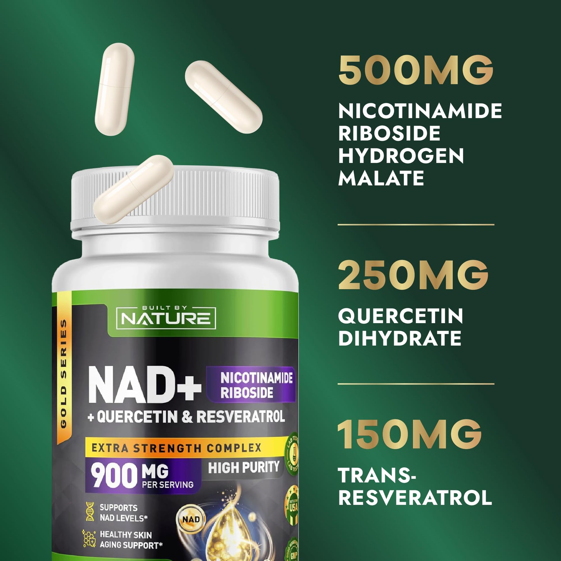 Built by Nature NAD Supplement – NAD+ Nicotinamide Riboside with Resveratrol & Quercetin 900mg Formula – NMN Alternative Supplement for Energy, Cellular Health & Anti-Aging – 90 Capsules Built by NatureAu supplements