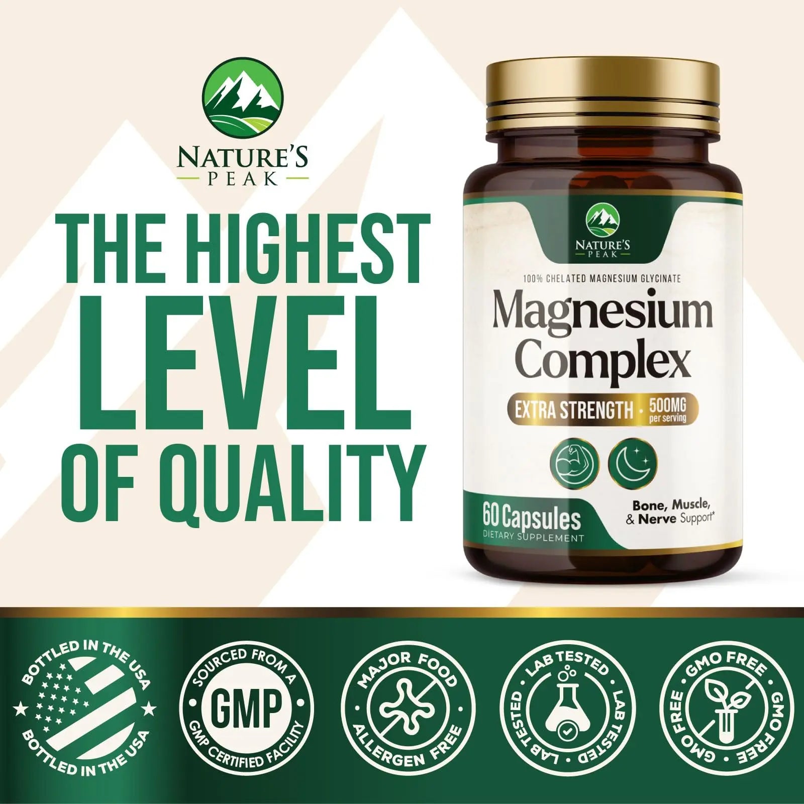 Magnesium Complex Supplement - Magnesium 500mg Per Serving - High Absorption Blend of Glycinate, Citrate, Malate, Oxide - Supports Sleep, Muscle, Bone, Heart Health - Bottled in USA - 60 Capsules Nature's Peaknz supplements