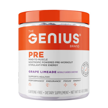 Genius Pre Caffeine-Free Pre Workout Boosted Energy, Focus, Performance Nootropic Formula AlphaSize, Citrulline Malate, CarnoSyn Beta Alanine Endurance, Stamina, Recovery, 20 Servings - Grape Limeade The Genius BrandUS supplements