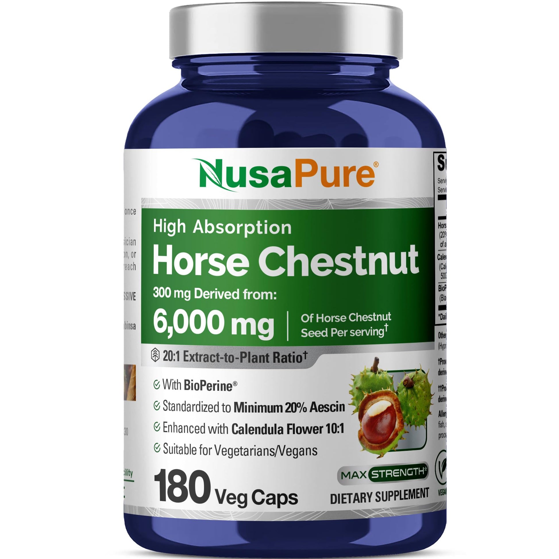 NusaPure Horse Chestnut 20:1 Extract, 300 mg Equivalent to 6,000mg 180 Veggie Caps Non-GMO, Vegan, BioPerine, Calendula Flower NusaPureAu supplements