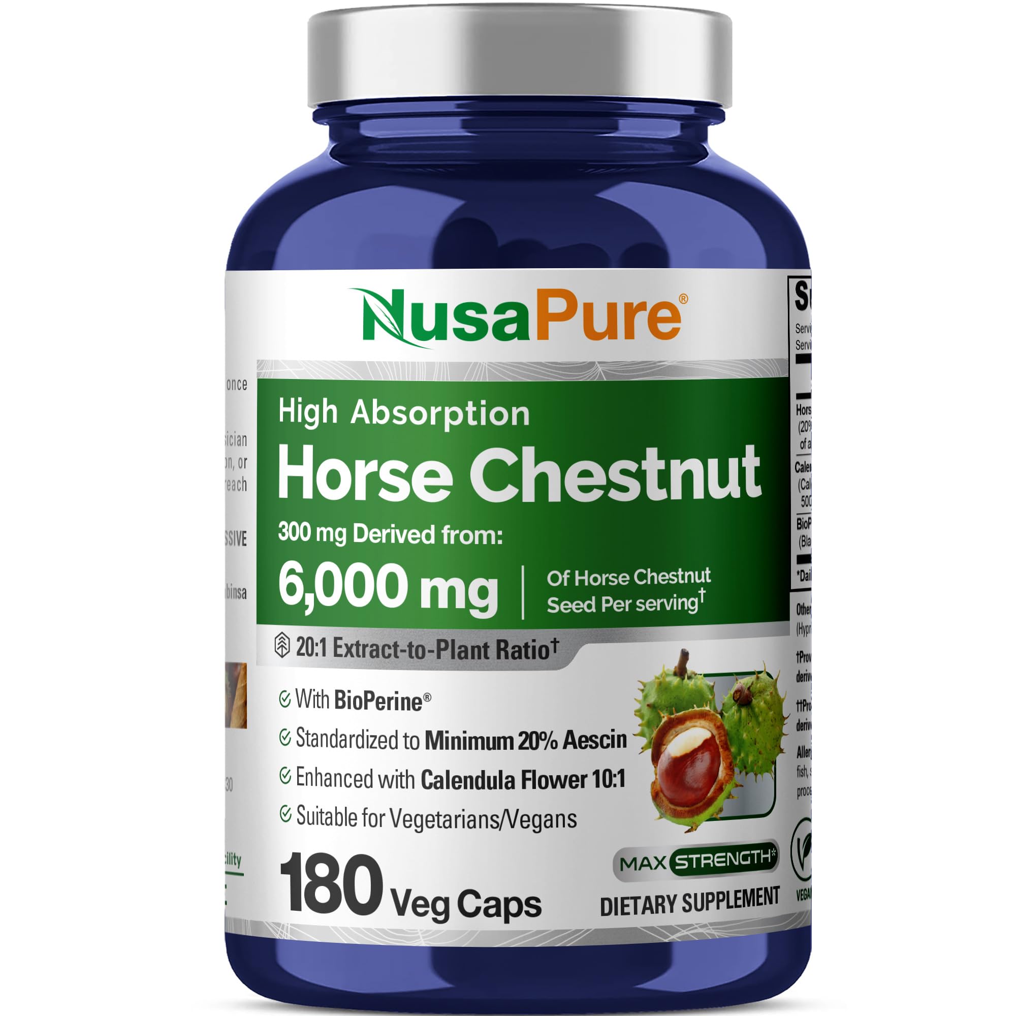NusaPure Horse Chestnut 20:1 Extract, 300 mg Equivalent to 6,000mg 180 Veggie Caps Non-GMO, Vegan, BioPerine, Calendula Flower NusaPureAu supplements