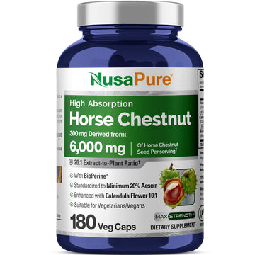 NusaPure Horse Chestnut 20:1 Extract, 300 mg Equivalent to 6,000mg 180 Veggie Caps Non-GMO, Vegan, BioPerine, Calendula Flower NusaPureAu supplements
