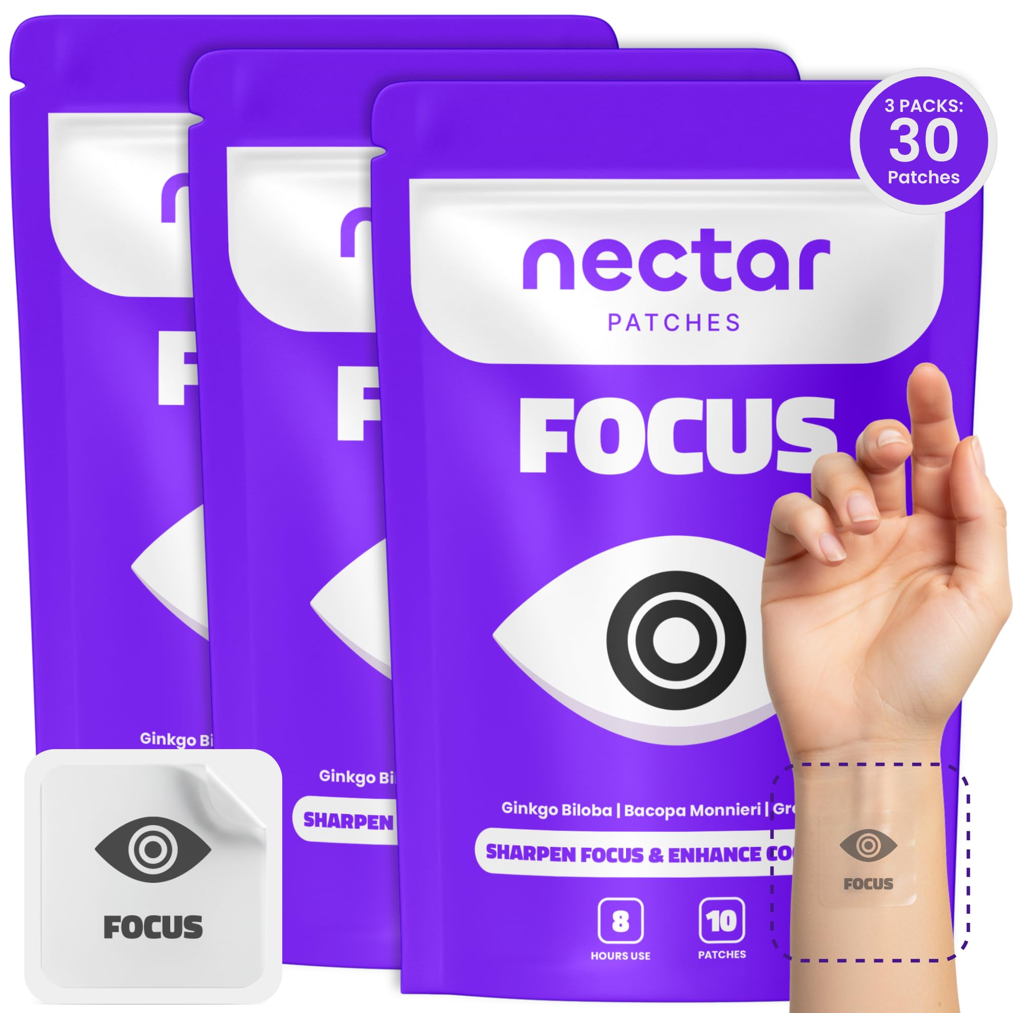 Nectar Focus Patches | Natural Cognitive Support with Ginkgo Biloba, Bacopa & Magnesium for Memory – Mental Clarity Neuro Patches for Work, Study – Clean Plant-Based Nootropic Alternative | 30 Count Nectar PatchesAu supplements