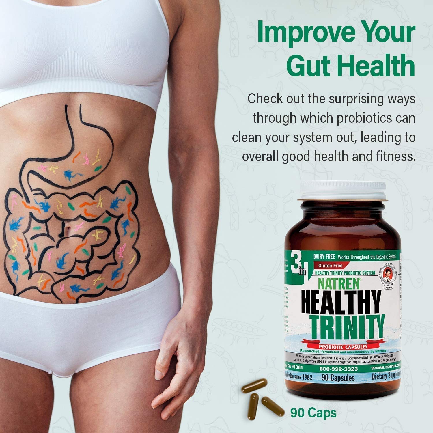 Natren Healthy Trinity Probiotics Supplement - 90 Dairy and Gluten Free Gel Capsules - Improve Gut and Digestive Health, 30 Billion CFU - Lactobacillus Acidophilus, Bifidobacterium, Bulgaricus NatrenAu supplements