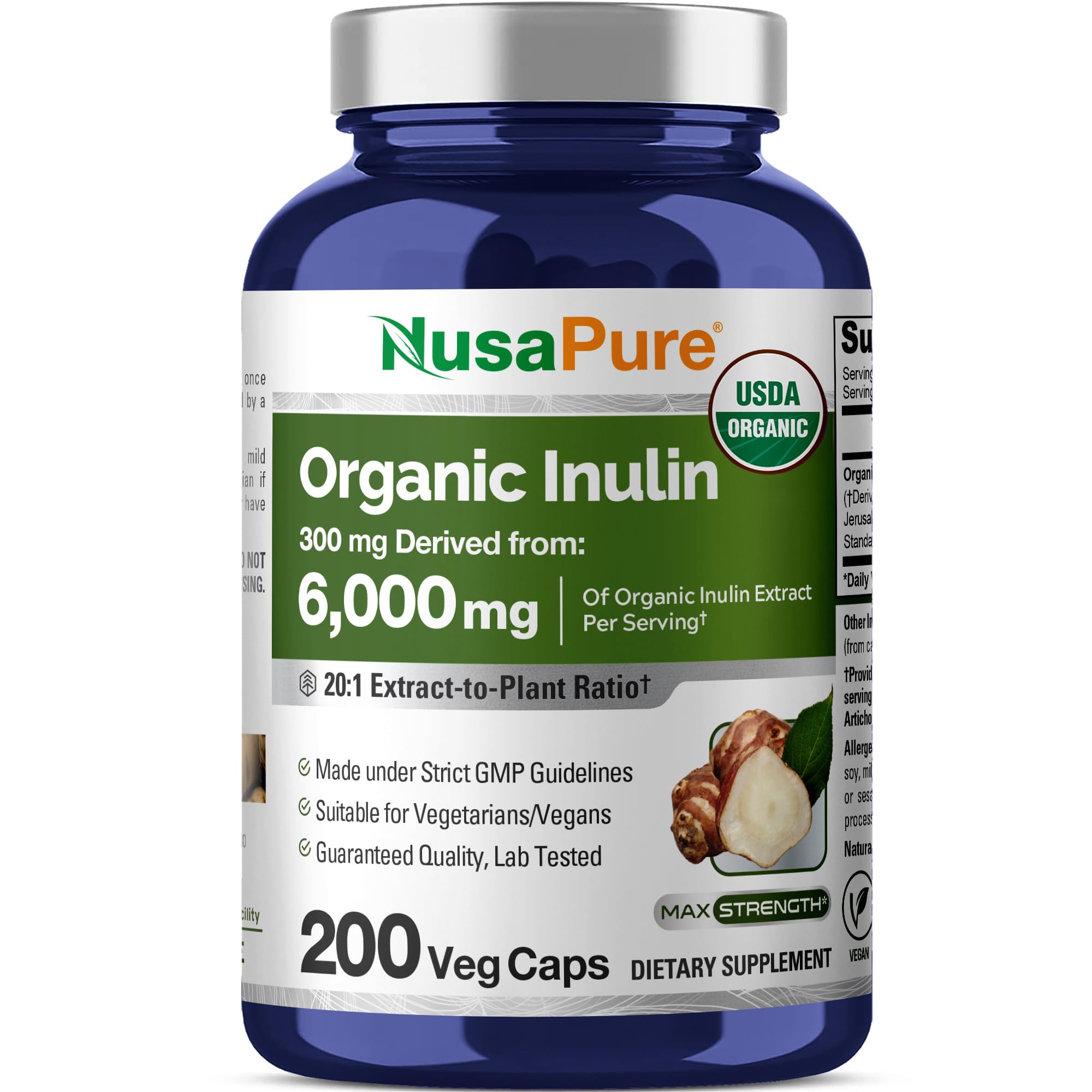 NusaPure Inulin Powder 20:1 Extract, 300 mg Equivalent to 6,000mg | 200 Veg Capsules |USDA Organic Suitable for Vegetarians, Vegan, Non-GMO Supplement NusaPureAu supplements