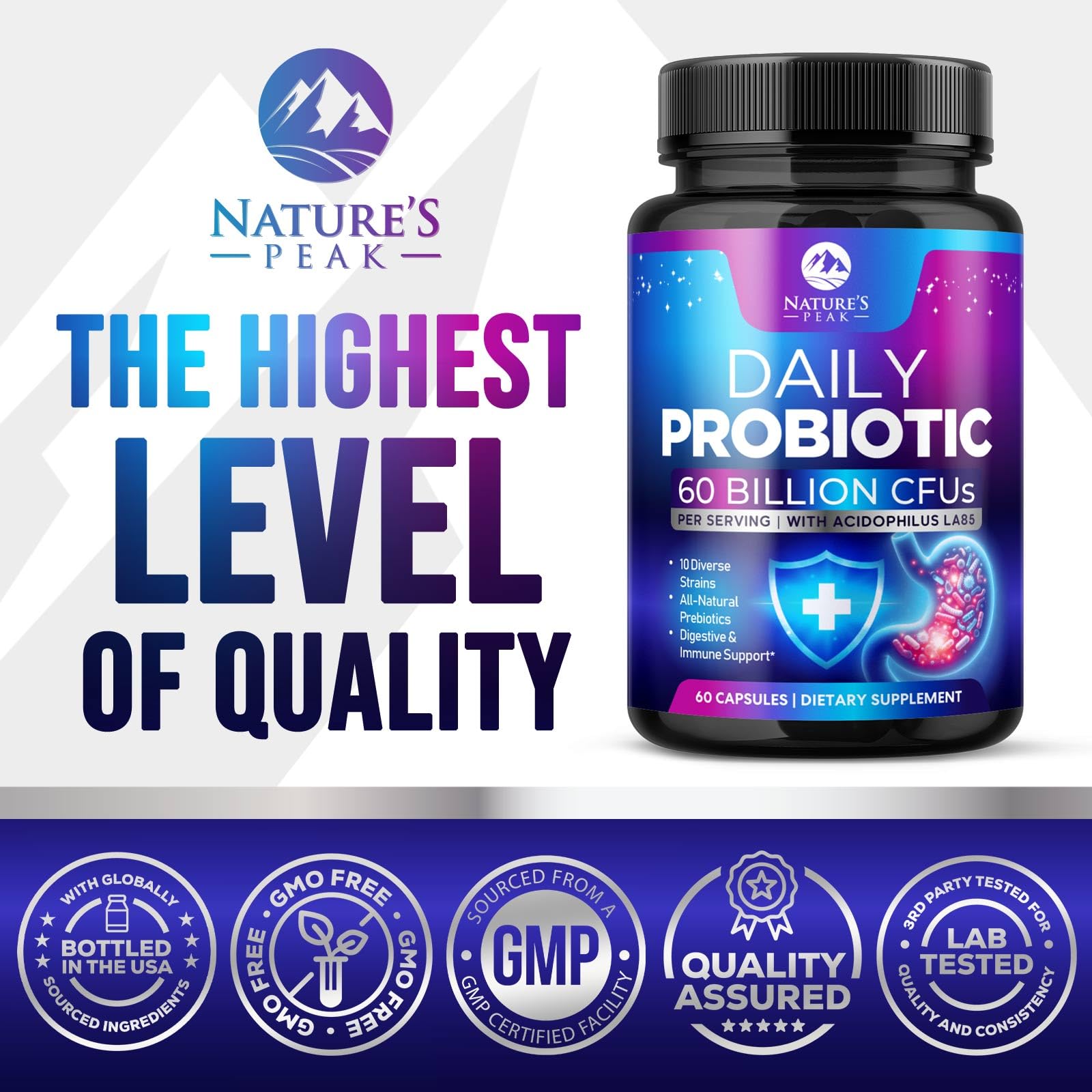 Probiotics 60 Billion CFU - 10 Strains + Digestive Enzymes & Prebiotics - Best Probiotic for Women & Men, Supports Immune, Gut Health, Occasional Constipation, Diarrhea, Gas & Bloating - 60 Capsules Nature's PeakAu supplements