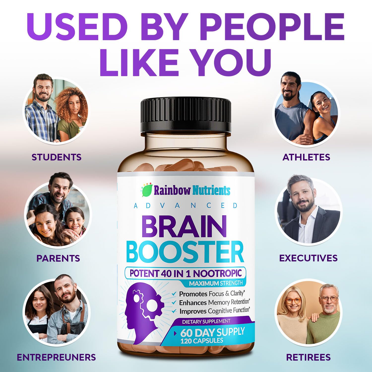 40-in-1 Brain Booster Supplements for Memory, Focus, Clarity, Energy, Performance Rainbow Nutrients, LLCUS supplements