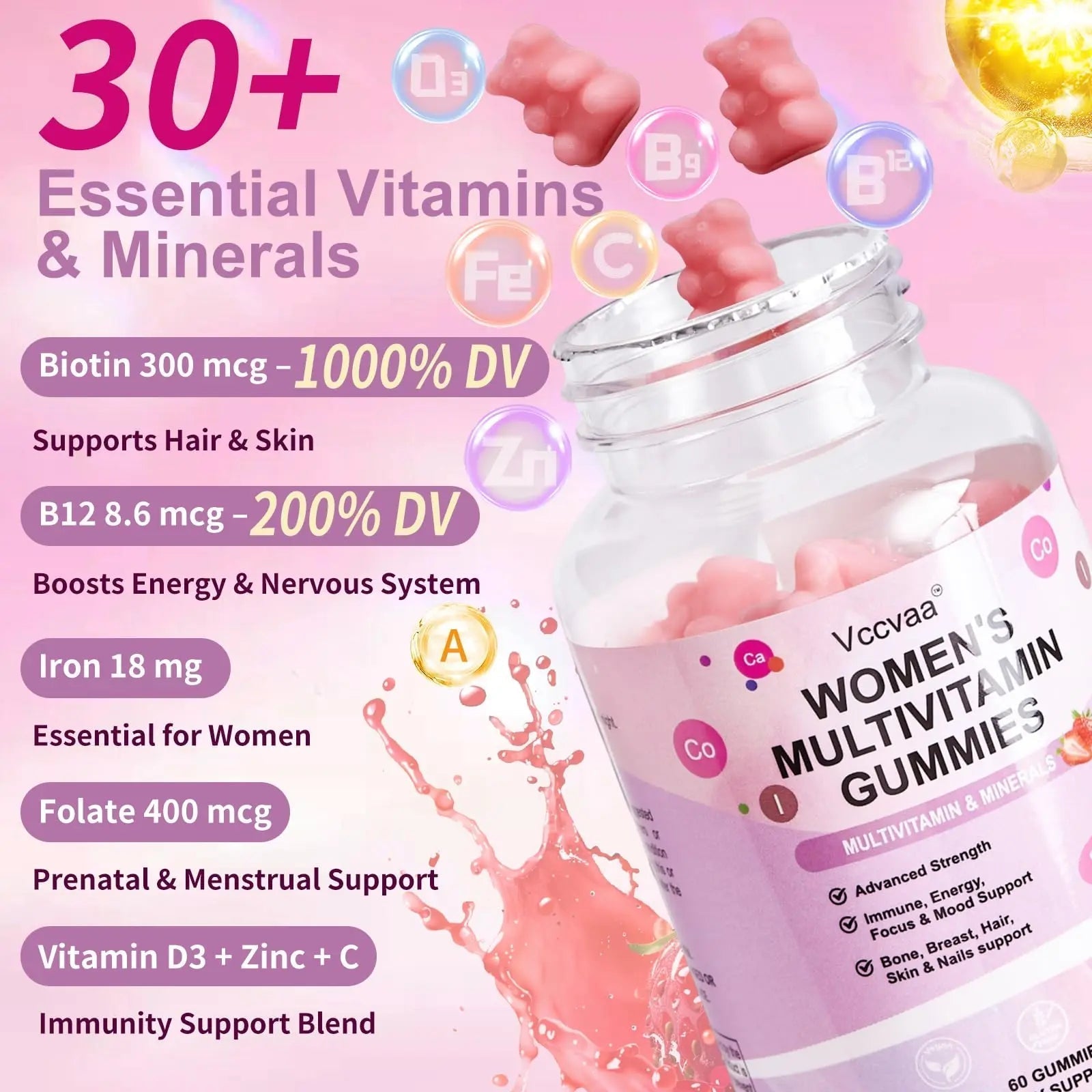 Vccvaa Sugar Free Multivitamin Gummies for Women 14+ with Iron, Inositol, Folate, Vitamins A C D3 E B12 K2, Herbal & Mineral Blend VccvaaAu supplements