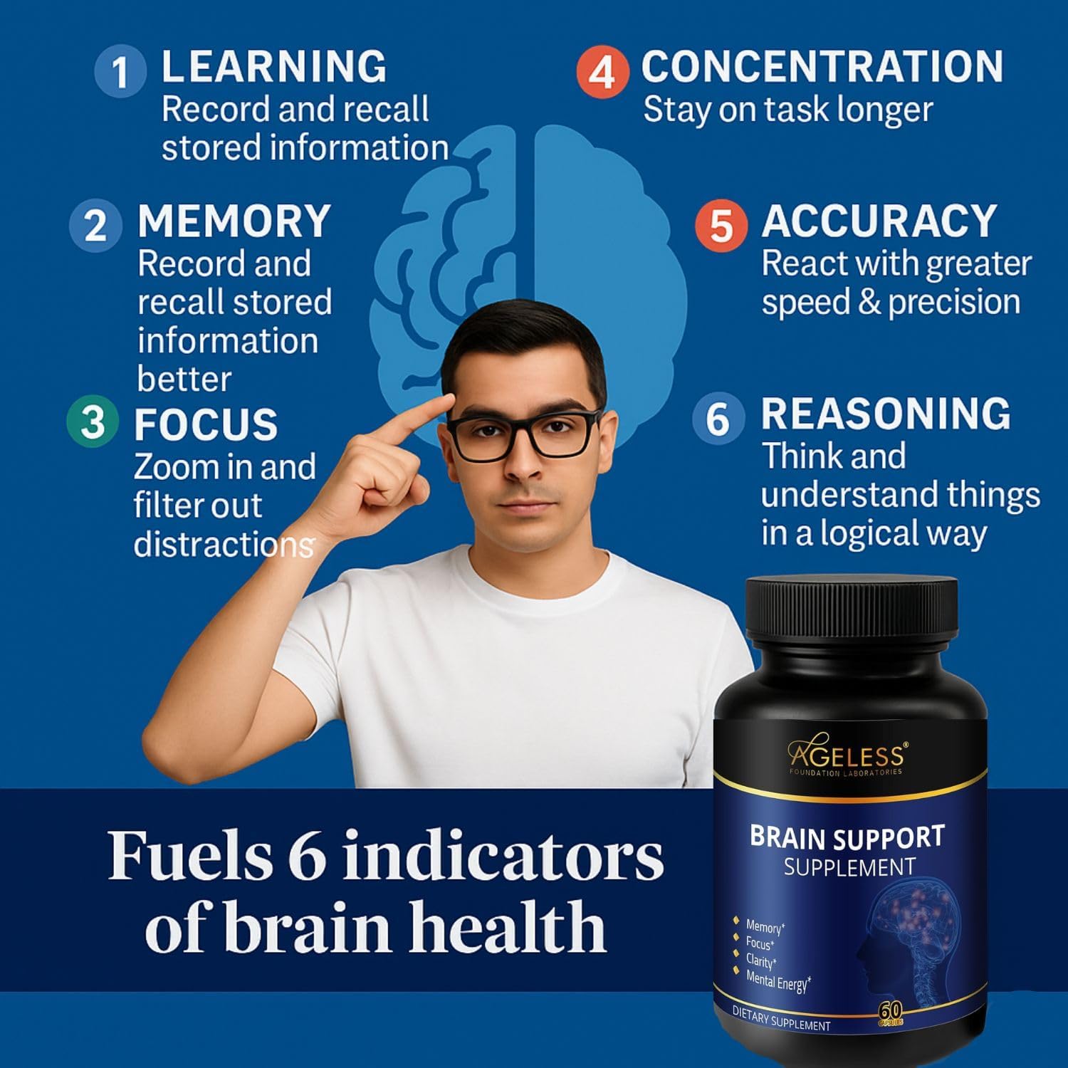 Ageless Brain Supplements for Memory and Focus 1000 MG | Cognitive Improvement | Formulated with Clinically Studied Ingredients | Support Mental Clarity & Neuro Health | Vitamin B6, B12, 60 Capsules Ageless Foundation LaboratoriesAu supplements