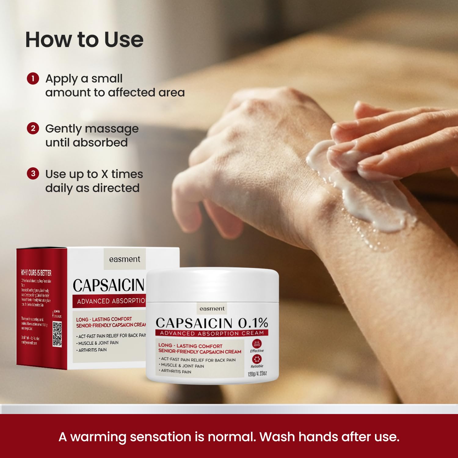 Easment Capsaicin Pain Relief Cream – Topical Arthritis & Muscle Pain Relief for Joint, Nerve & Back Pain – Medicated Pain Cream with Capsaicin 0.1% – Arnica, Aloe & Chamomile, 4.23 Fl Oz EasmentAu supplements