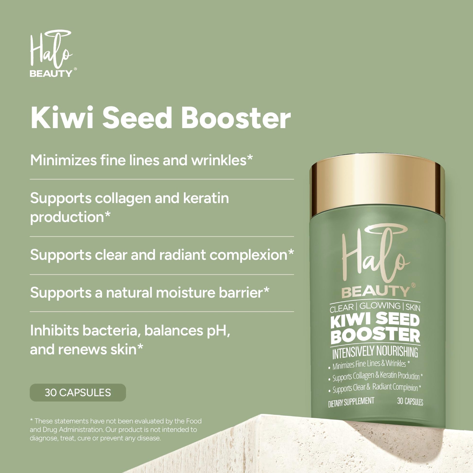 Halo Beauty Kiwi Seed Booster Skin Supplement Refill Pack | Anti-Aging Hydration & Glowing Skin Support with Kiwi Seed, Vitamin C, D3 & Zinc | Vegan Collagen Support Capsules | 1-Month Supply Halo BeautyAu supplements
