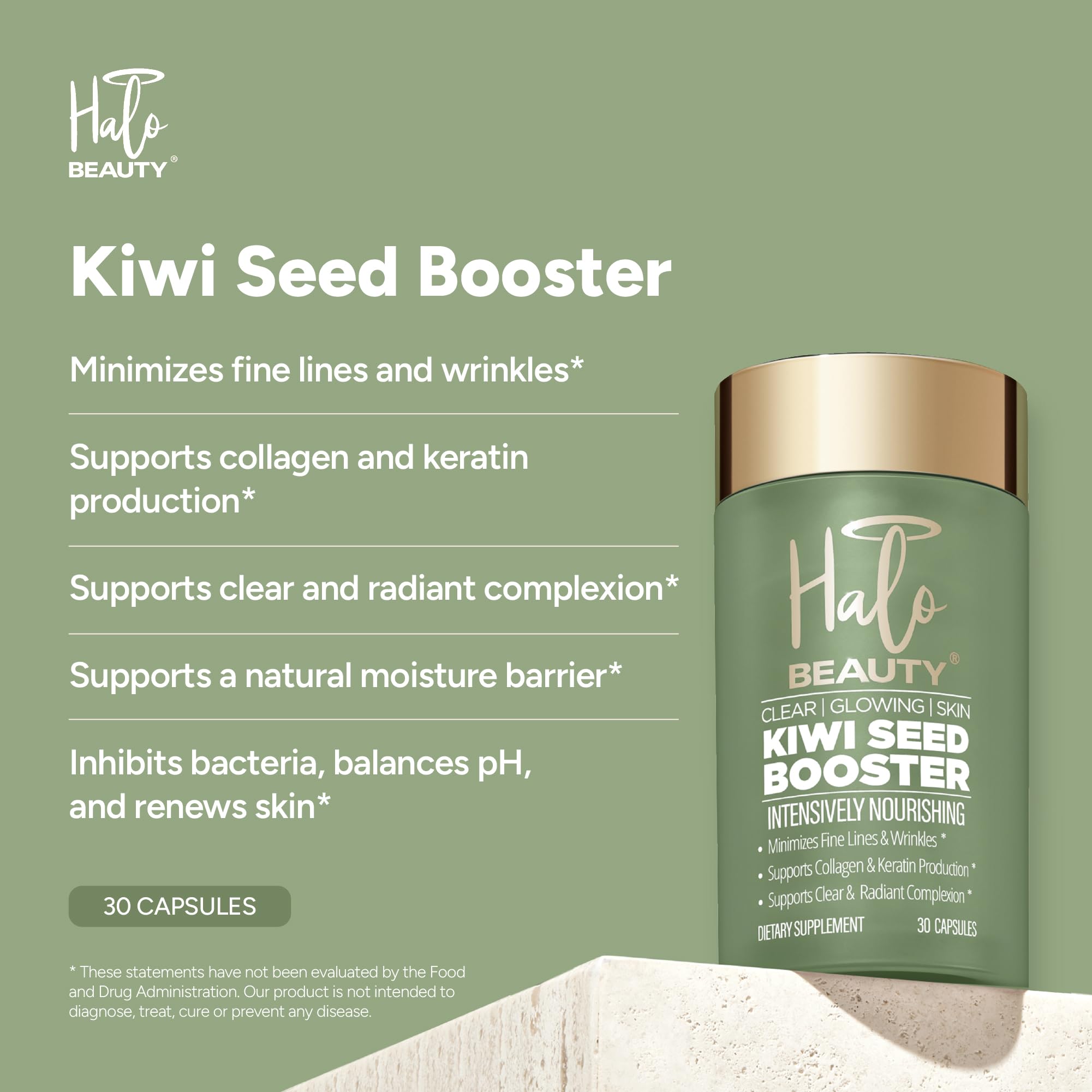 Halo Beauty Kiwi Seed Booster Skin Supplement Refill Pack | Anti-Aging Hydration & Glowing Skin Support with Kiwi Seed, Vitamin C, D3 & Zinc | Vegan Collagen Support Capsules | 1-Month Supply Halo BeautyAu supplements