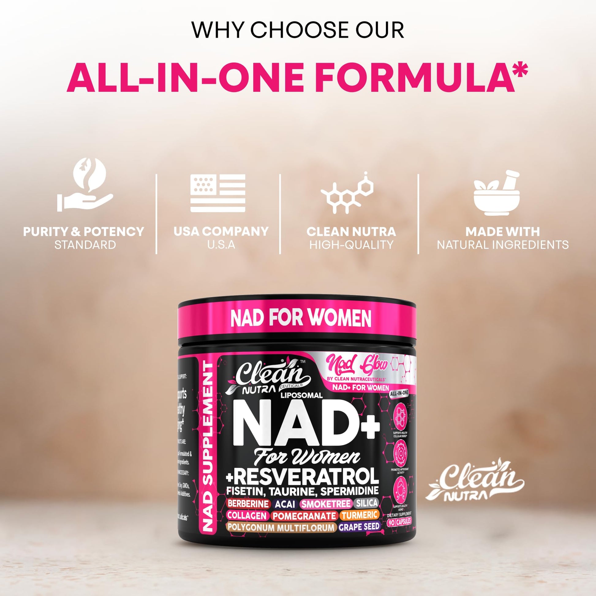 NAD+ Resveratrol Supplement for Women NAD Turmeric Vitamin C Acai Pomegranate Collagen Peptides Nicotinamide Riboside Fisetin Vitamin E Polygonum Multiflorum Berberine 90 Capsules by Clean Nutra Clean NutraceuticalsAu supplements