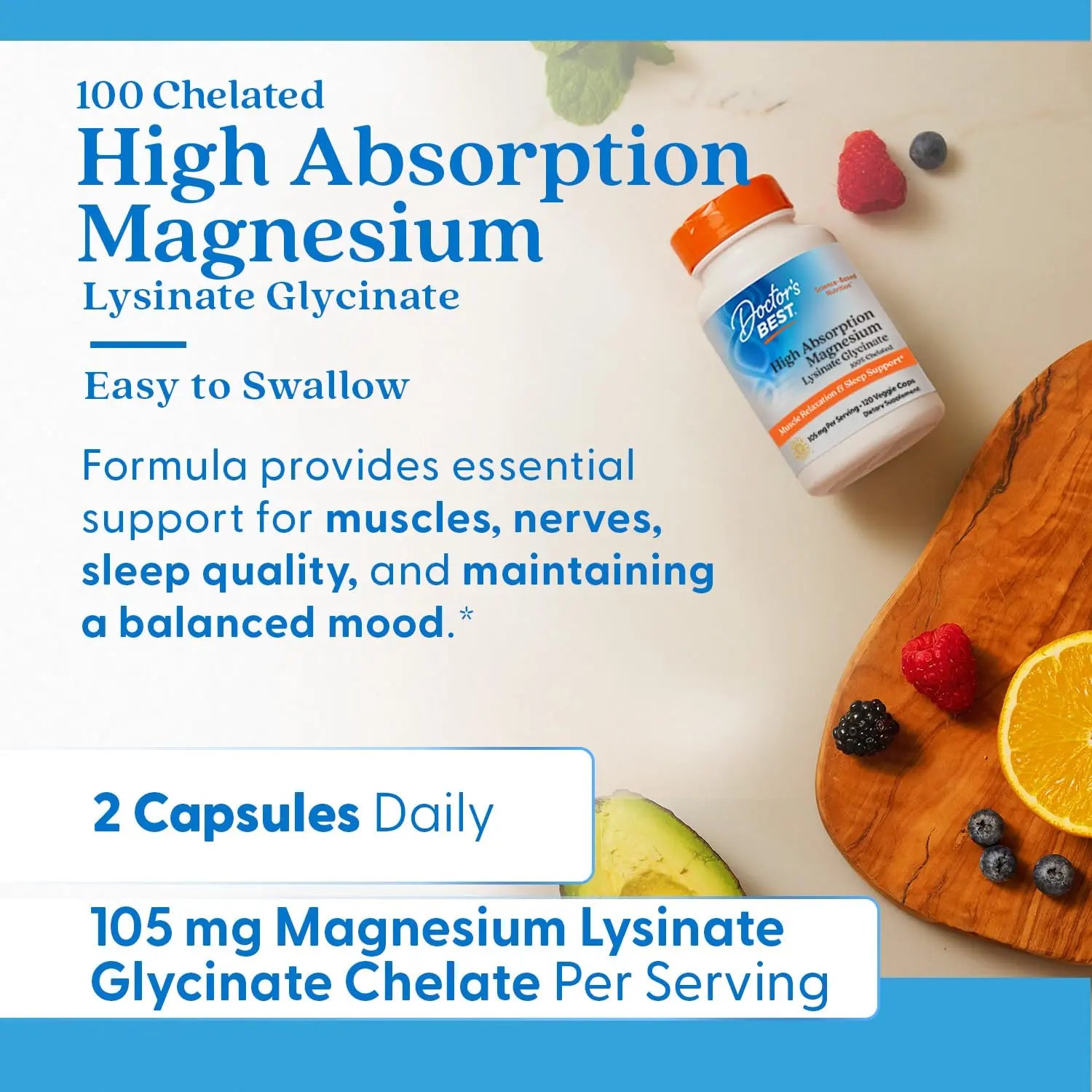 Doctor's Best High Absorption Magnesium Glycinate Lysinate Supplement for Sleep Support - Chelated Magnesium Capsules for Women & Men, 105 mg per Serving, Calm Support, Vegan - 120 Veg Caps Doctor's BESTnz supplements