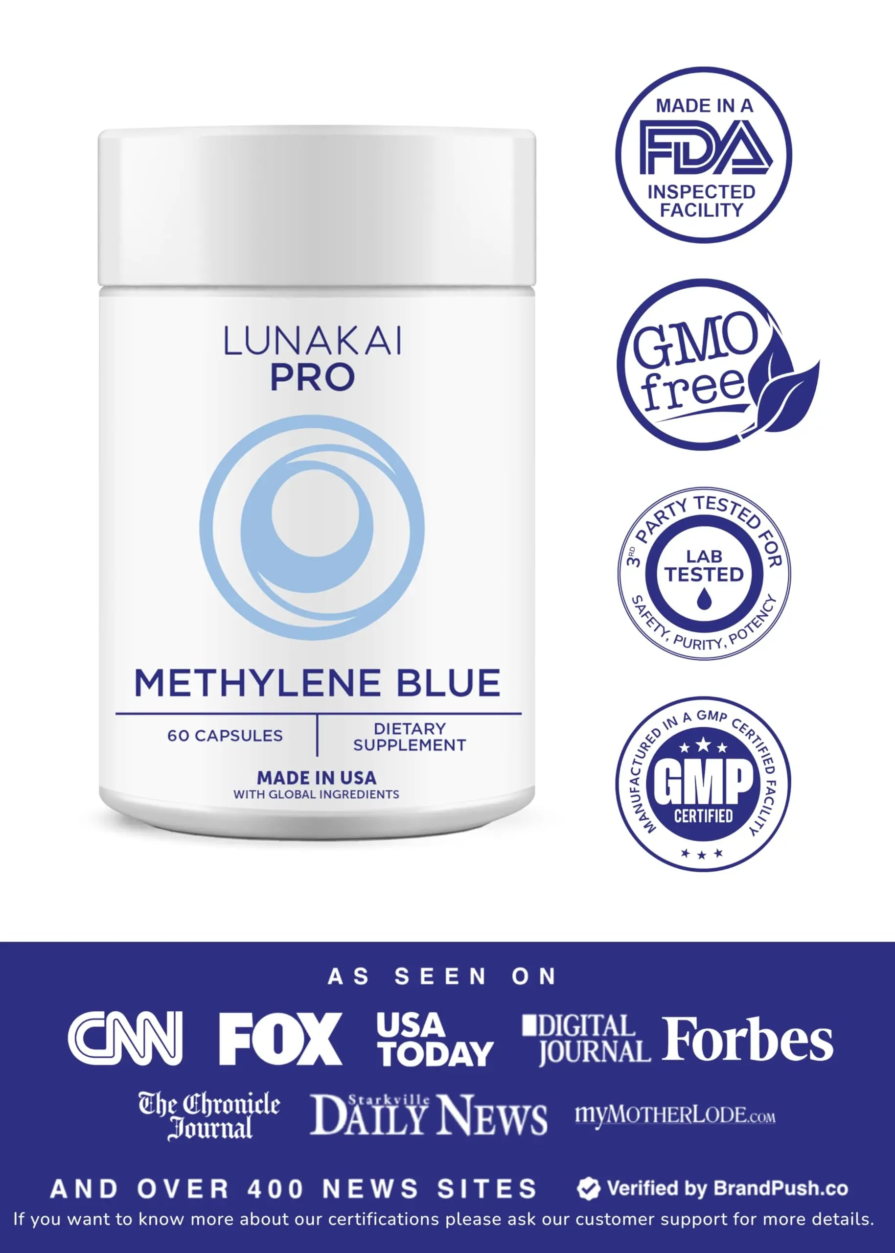 Lunakai PRO USA Made Methylene Blue Capsules Pharmaceutical Grade with Vitamin C, B6, B12 – 3rd-Party Tested Daily Brain & Focus Support Supplement for Humans, 60ct Lunakainz supplements