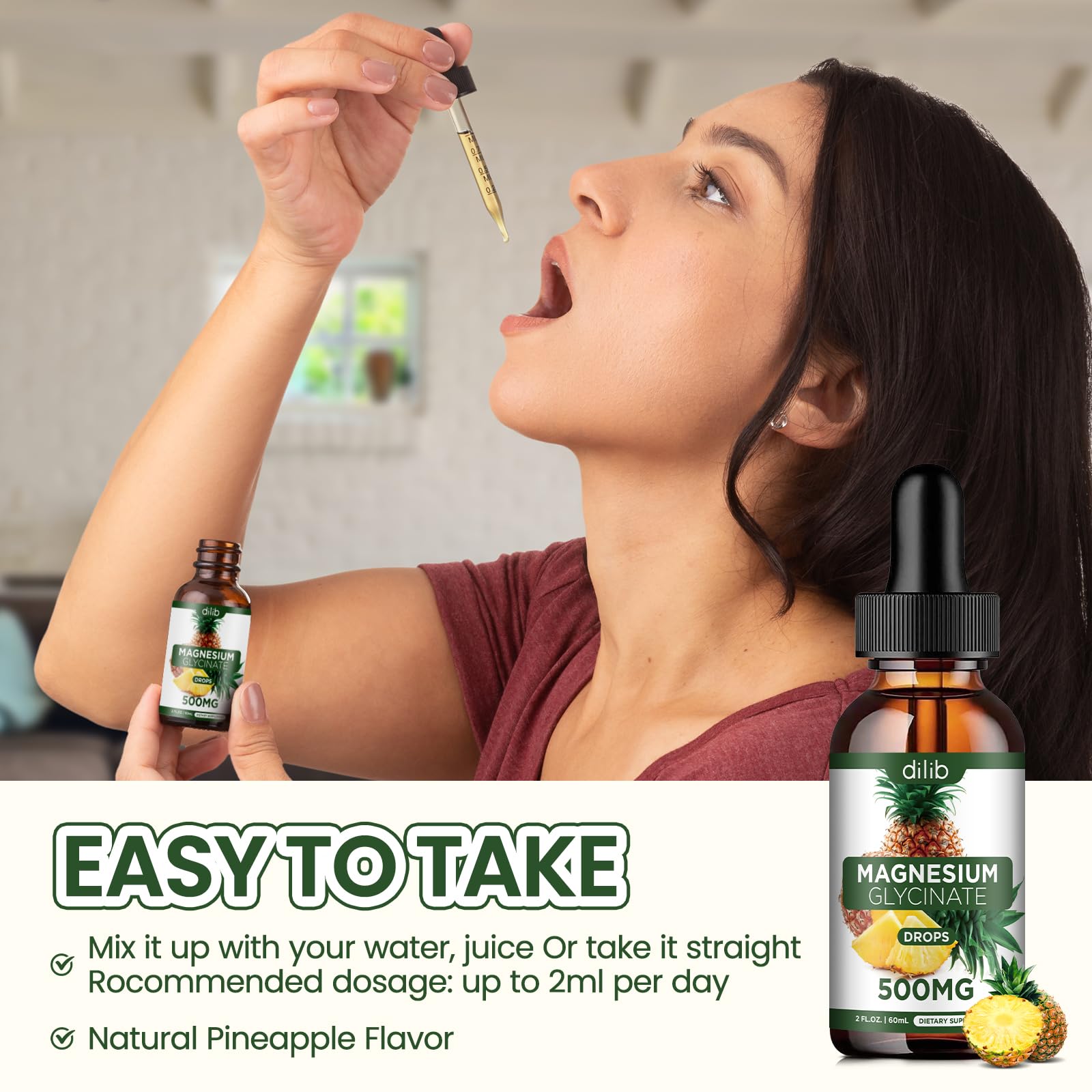 Magnesium Glycinate Supplement, Liquid Magnesium Glycinate Liquid Drops 500mg-Support Stress Relief, Relaxation, Mood, Sleep, Bone & Muscle-2 Fl Oz, Vegan, Pineapple Flavor dilibAu supplements