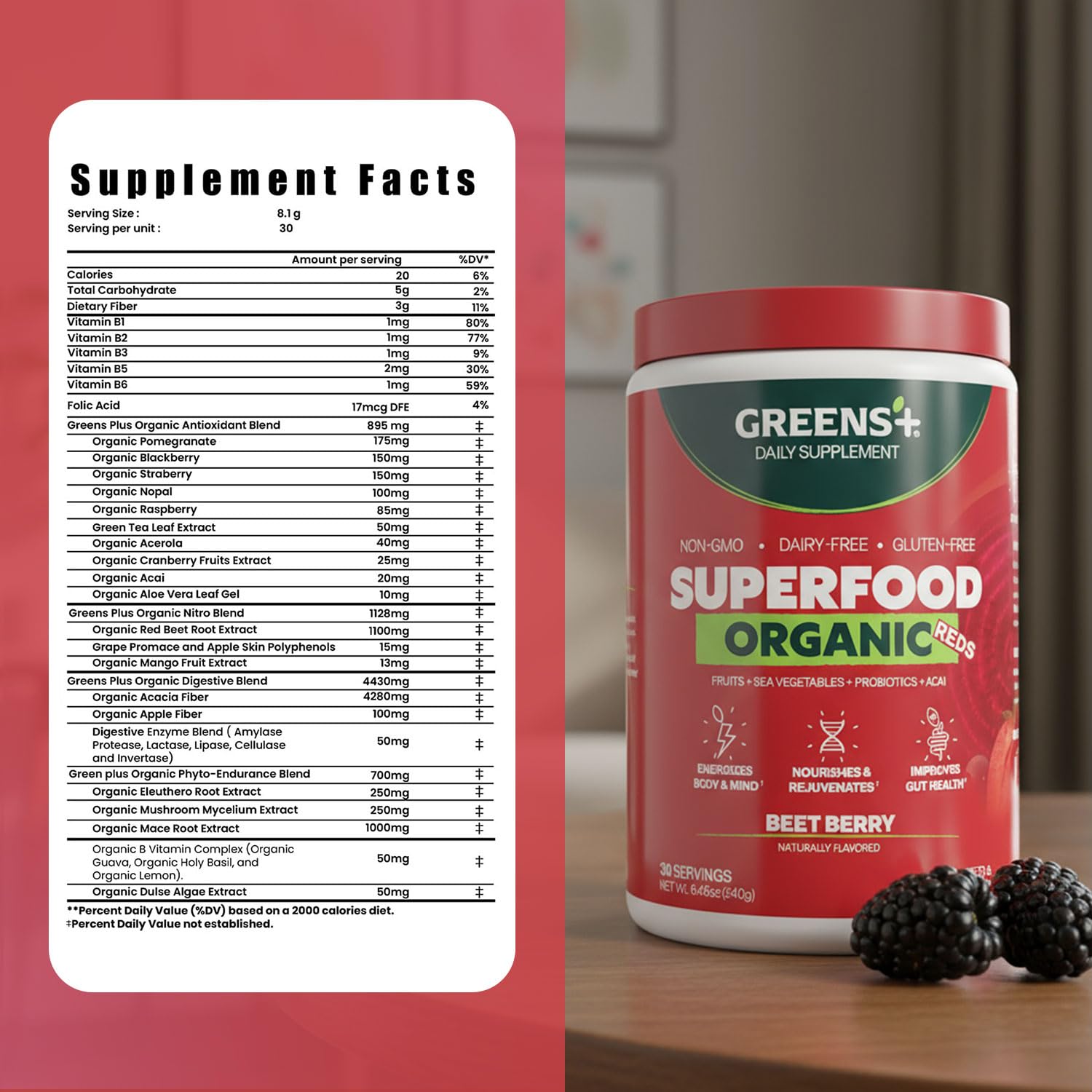 Greens+ Organic Reds Superfood Powder, Antioxidant, Polyphenol, Blend for Morning Kick, Energy, Vitality Boost, Nutrition, Vibrant Health, Vegan Soy/Dairy/Gluten Free(8.46oz) Greens+Au supplements