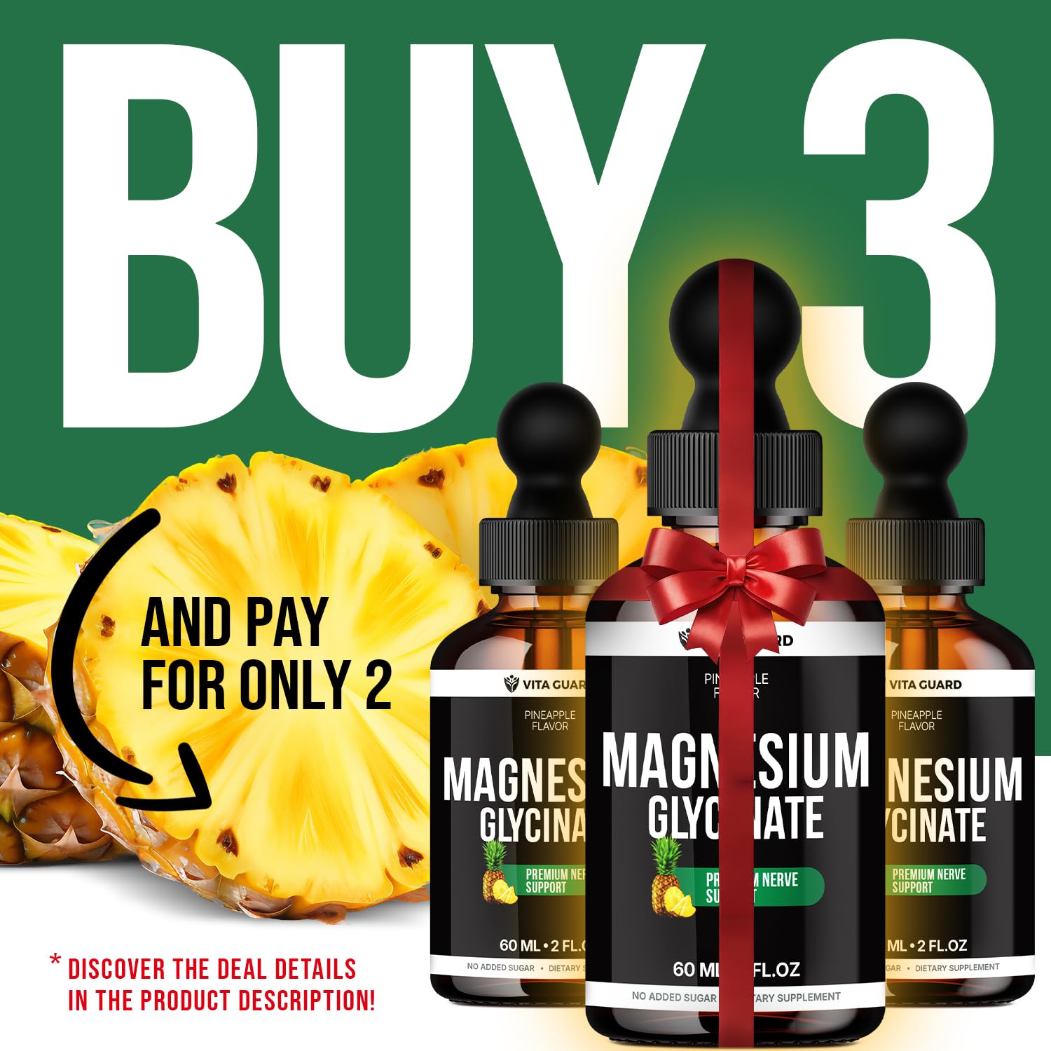 Magnesium Glycinate 500mg Liquid Drops – Sugar-Free Magnesium Supplement, Vegan Formula, 60 mL Flavor Pineapple Vita GuardAu supplements