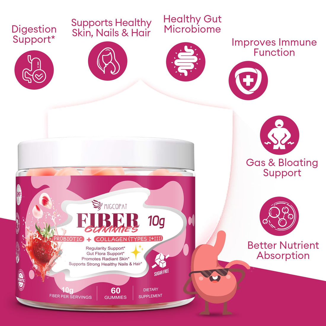 Migcopat 10G Fiber Gummies with Collagen Peptides, Hyaluronic Acid, Vitamin C, ACV, 30 Billion CFU Probiotics – Sugar Free Collagen Gummy for Skin, Hair & Nails MigcopatUS supplements