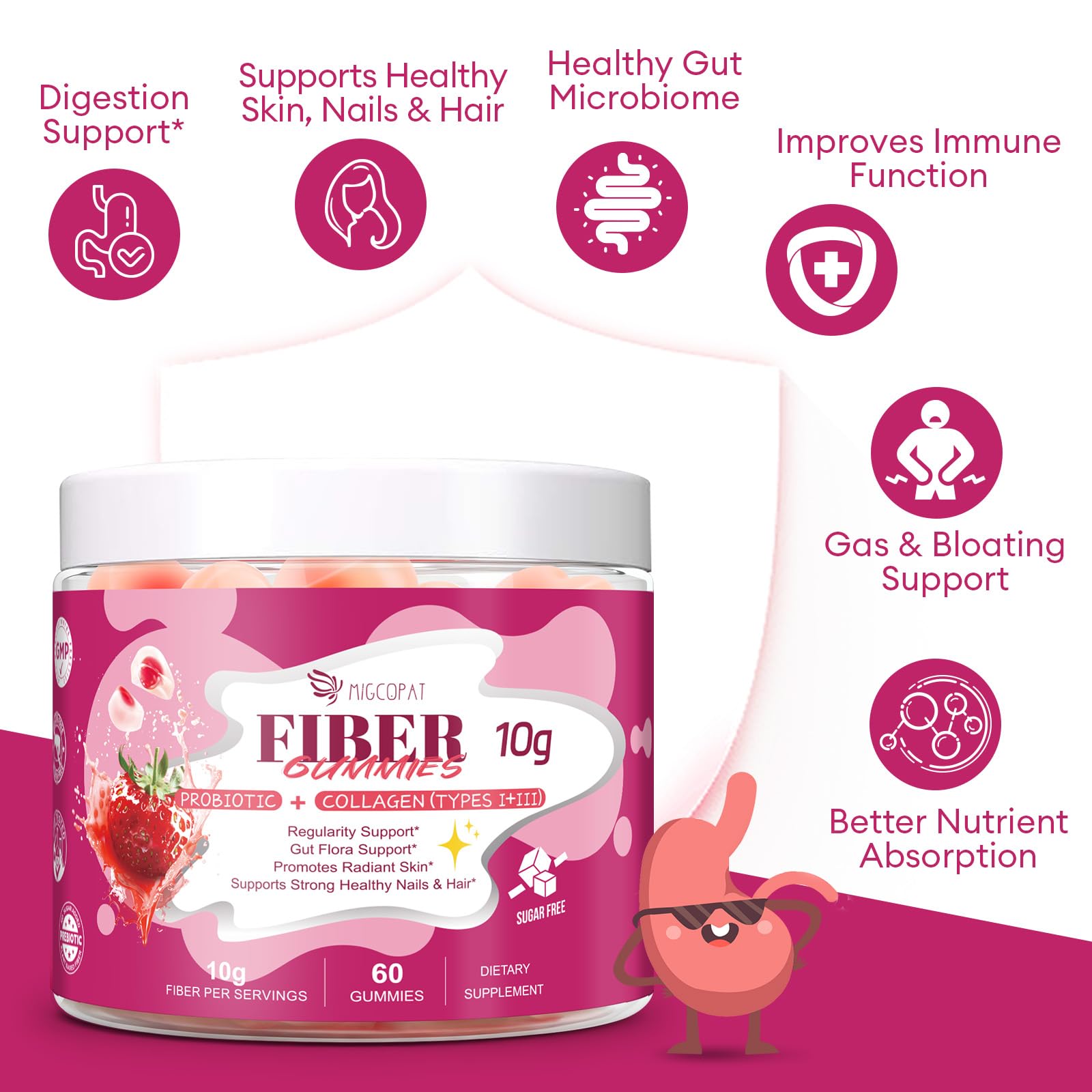 Migcopat 10G Fiber Gummies with Collagen Peptides, Hyaluronic Acid, Vitamin C, ACV, 30 Billion CFU Probiotics – Sugar Free Collagen Gummy for Skin, Hair & Nails